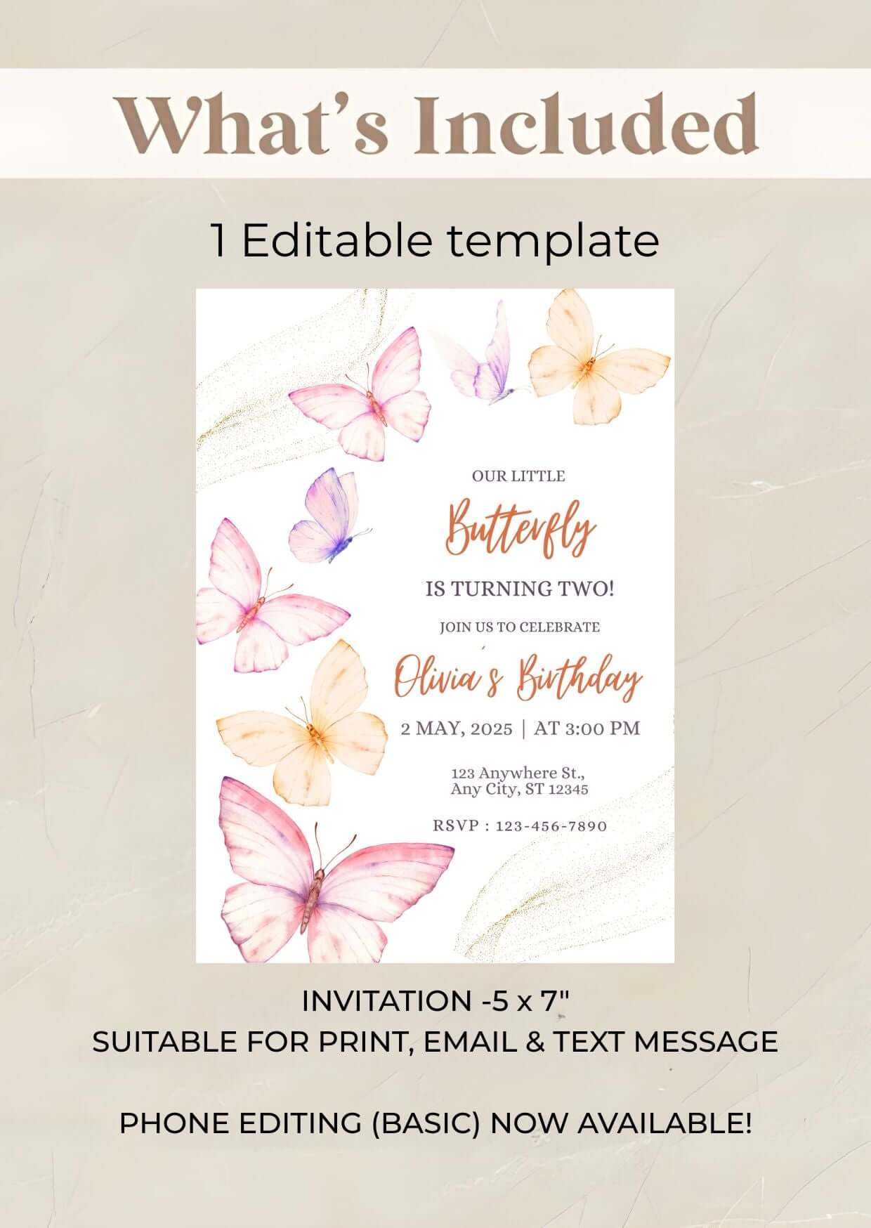 Butterfly Birthday Invitation – Editable Watercolor Floral Party Invite for Girls, Digital Download Template with pastel butterflies.
