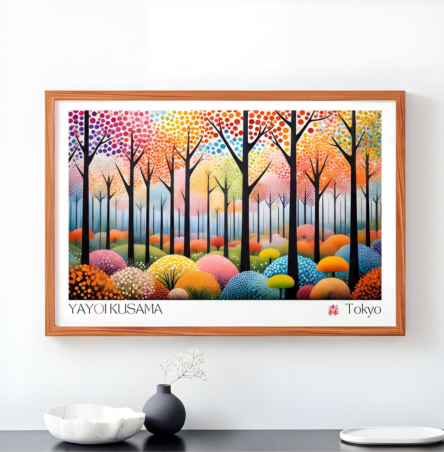 Yayoi Kusama Art print featuring vibrant abstract trees and colorful landscape in a modern frame.