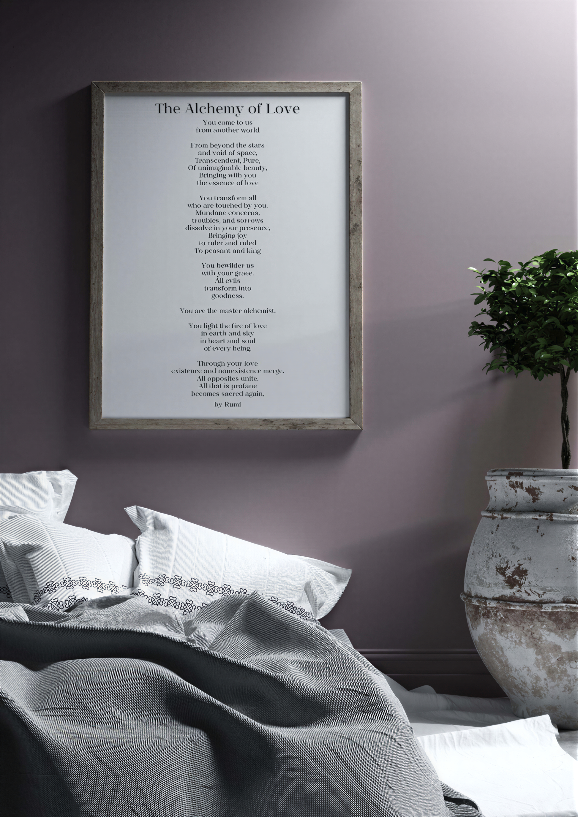 Inspirational Poetry Wall Art featuring The Alchemy of Love by Rumi in a modern bedroom setting.