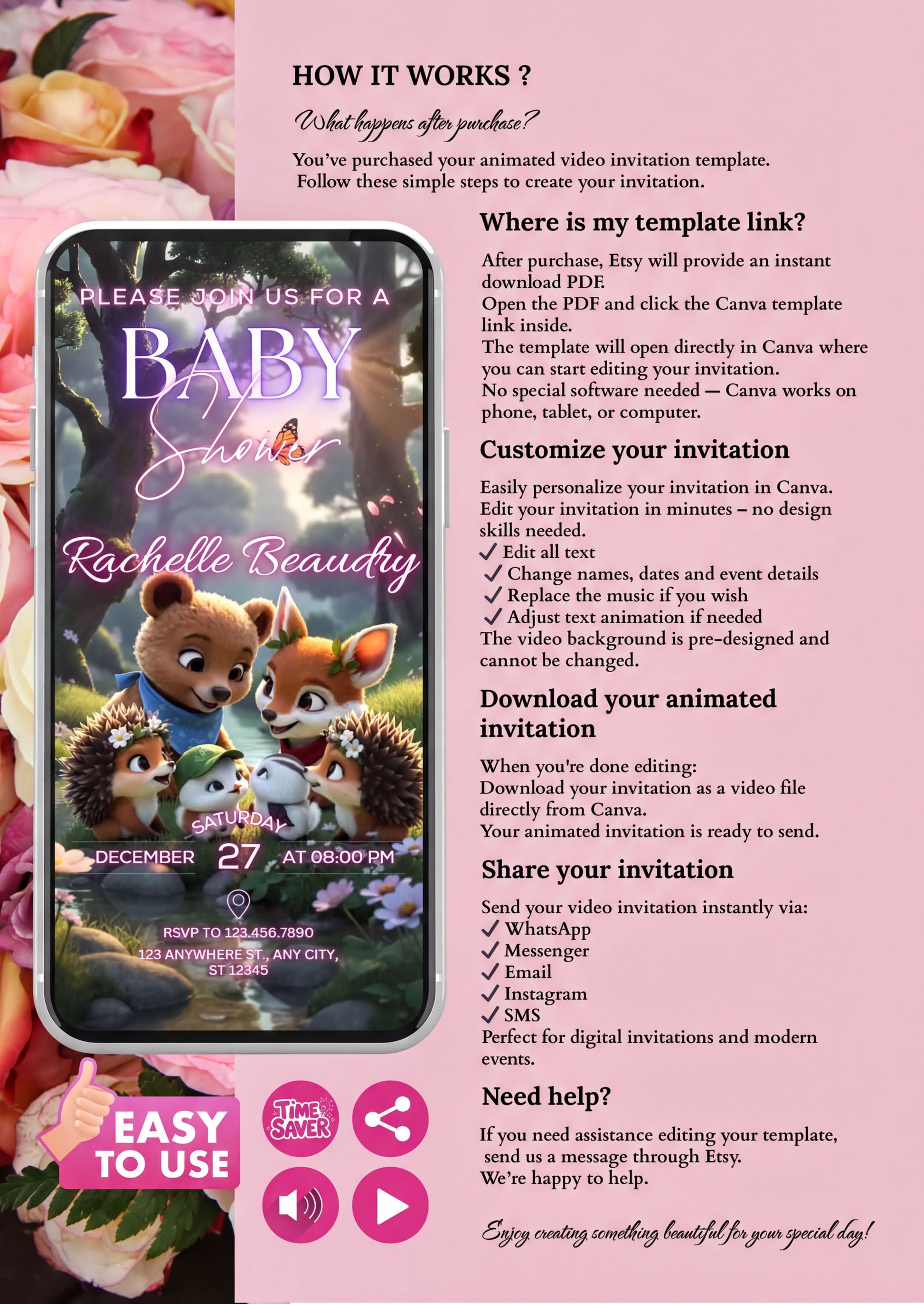 Editable Baby Shower Invitation with woodland theme featuring forest animals and instructions for customization.