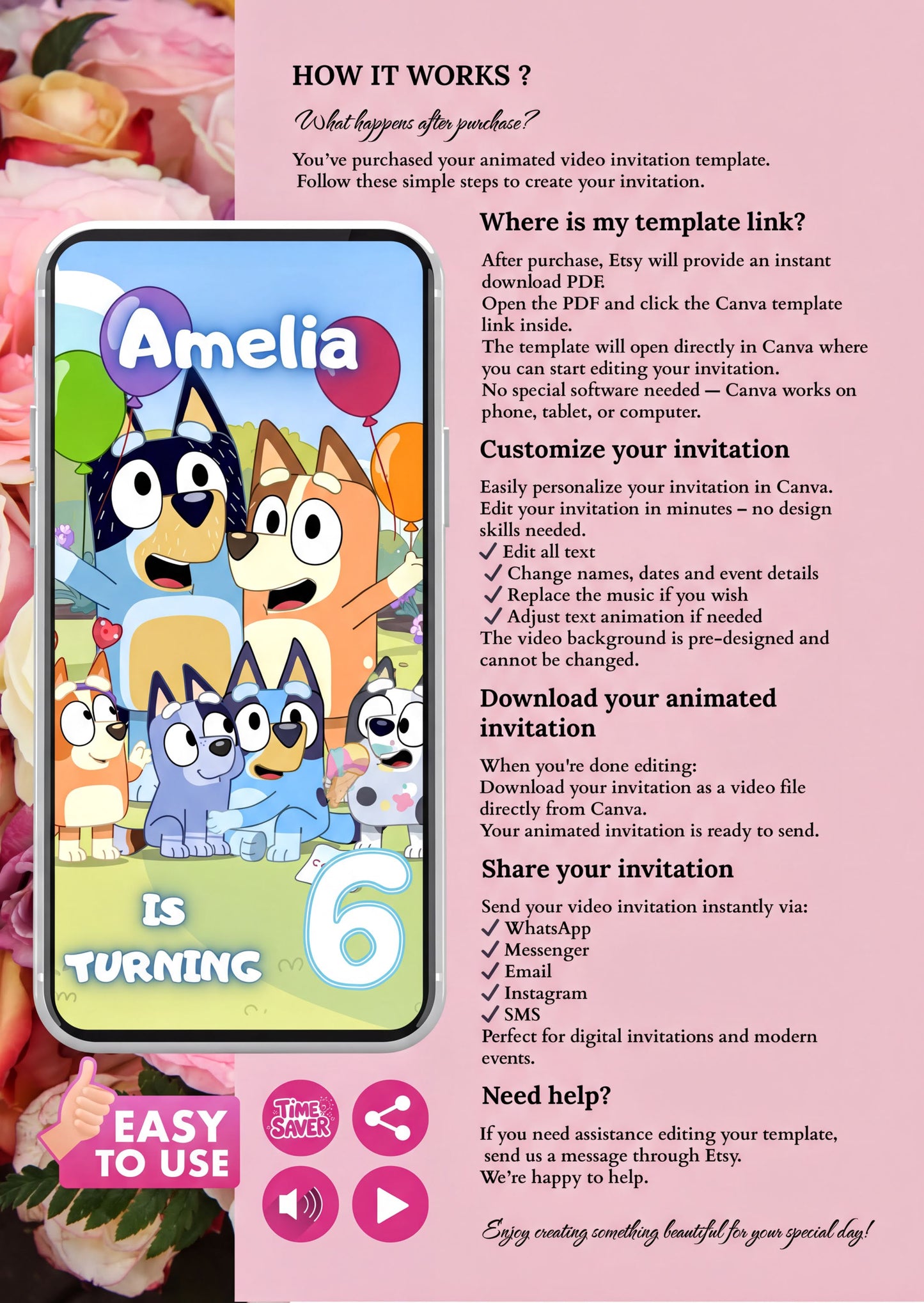 Bluey Birthday Invitation customizable animated video invite template with characters and birthday details.