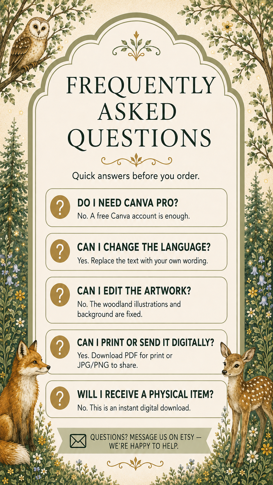 Frequently Asked Questions for Sensory Friendly Woodland Birthday Invitation with answers about ordering and customization.