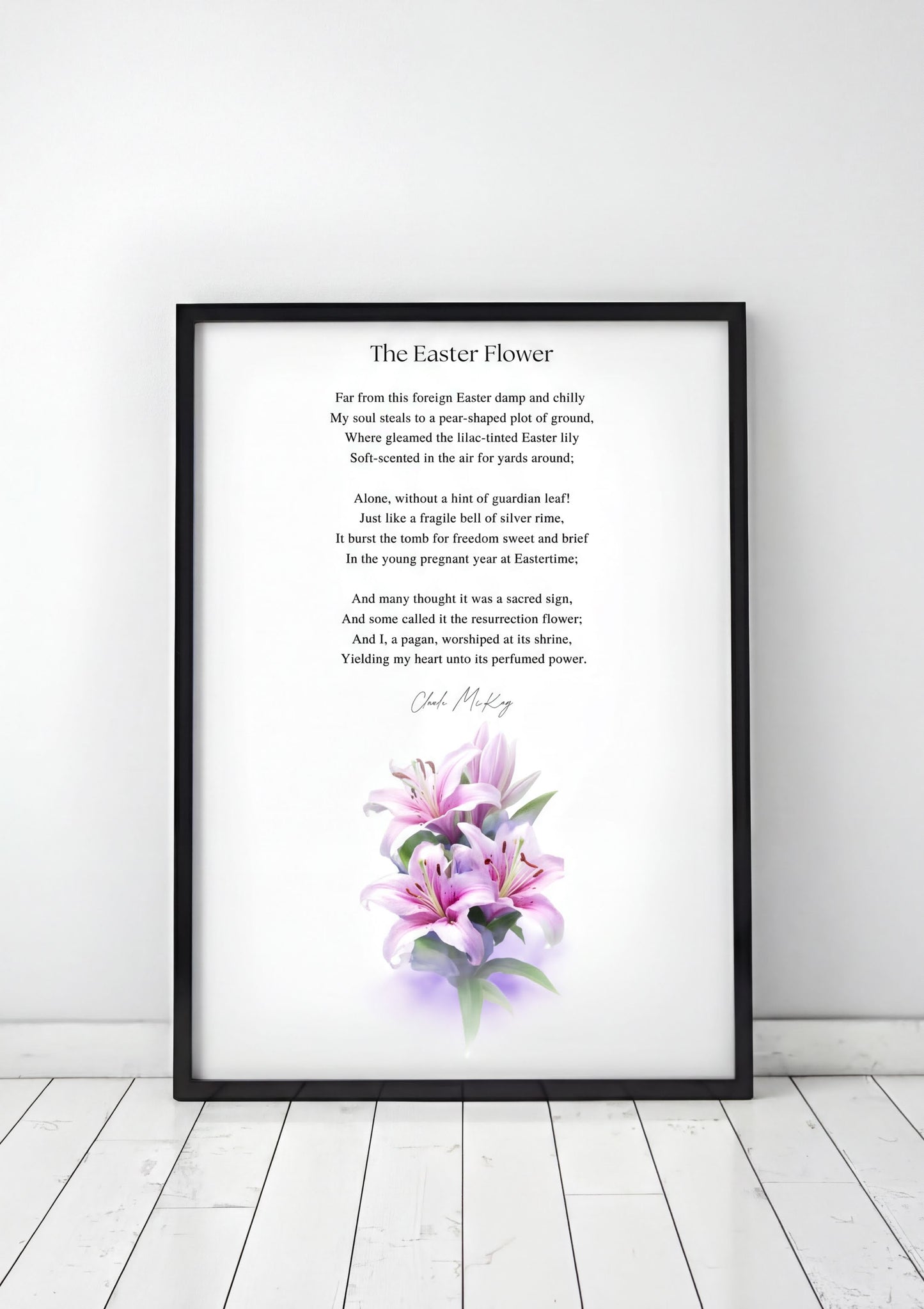 Easter Poetry Wall Art featuring 'The Easter Flower' poem with elegant lily illustration.
