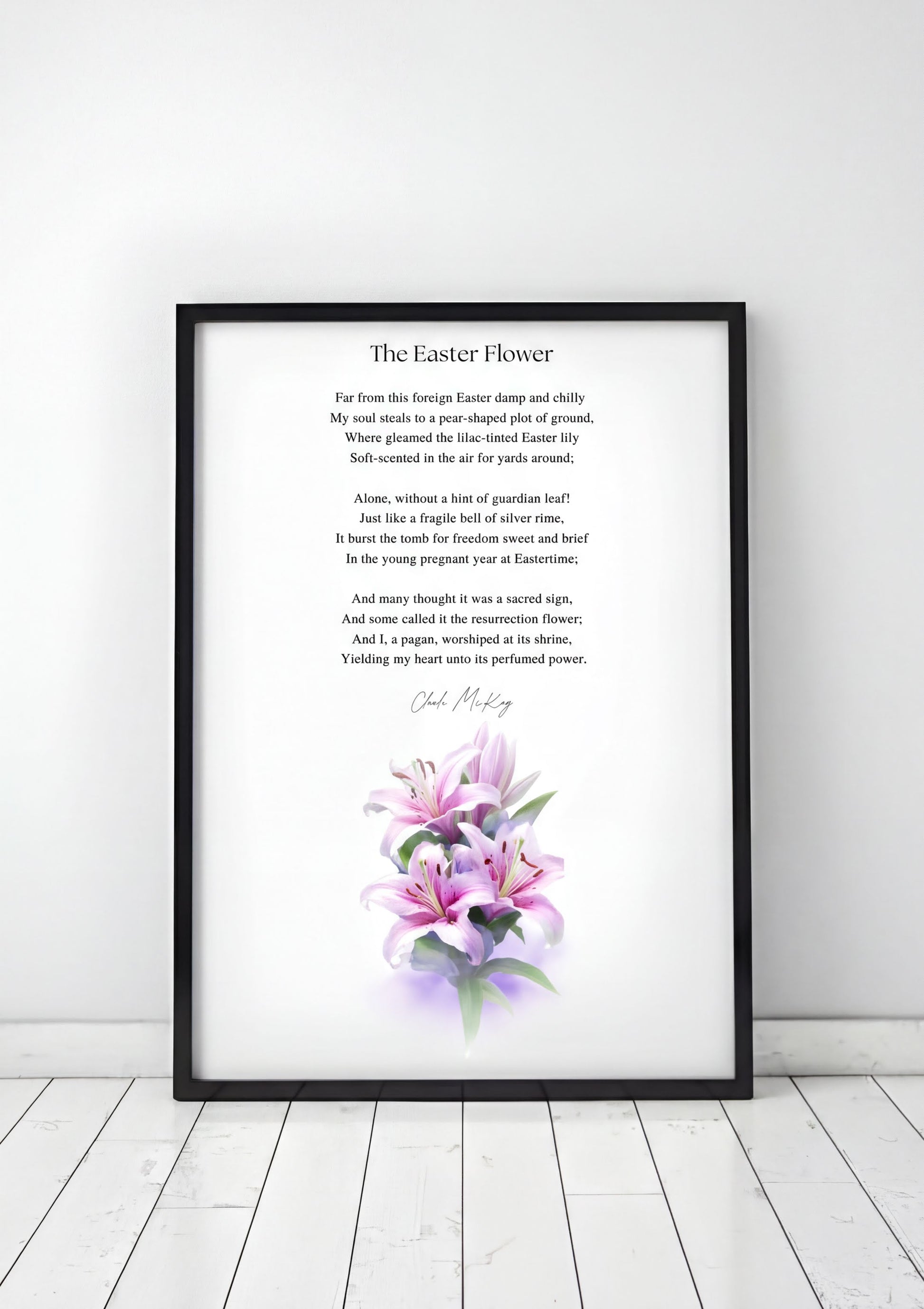 Easter Poetry Wall Art featuring 'The Easter Flower' poem with elegant lily illustration.
