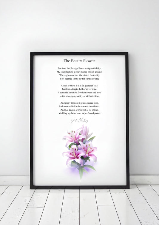 Easter Poetry Wall Art featuring 'The Easter Flower' poem with elegant lily illustration.