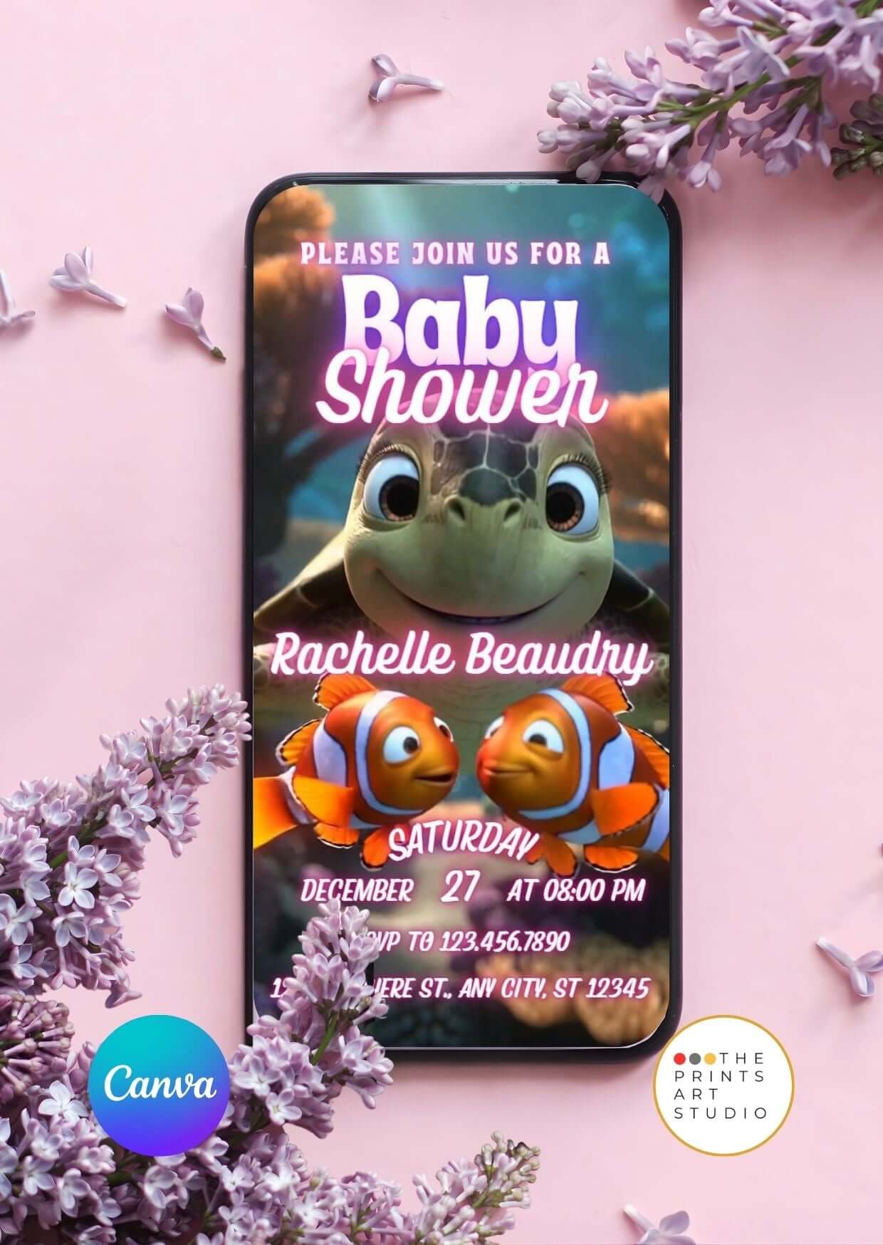Baby Shower Video Invitation Template with ocean theme on mobile screen, featuring animated sea creatures like a turtle and clownfish.