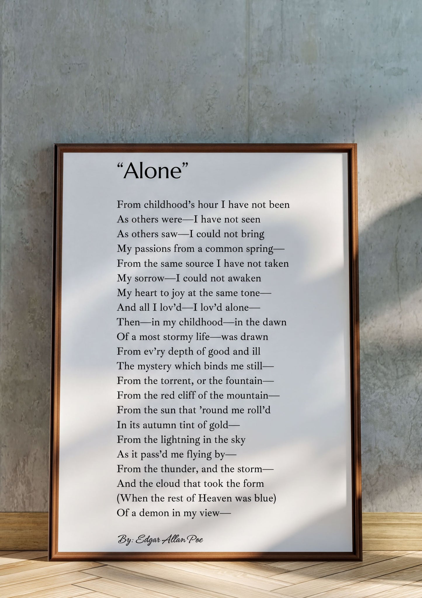 Alone Edgar Allan Poe Print featuring the poem "Alone" in a minimalist black and white design.