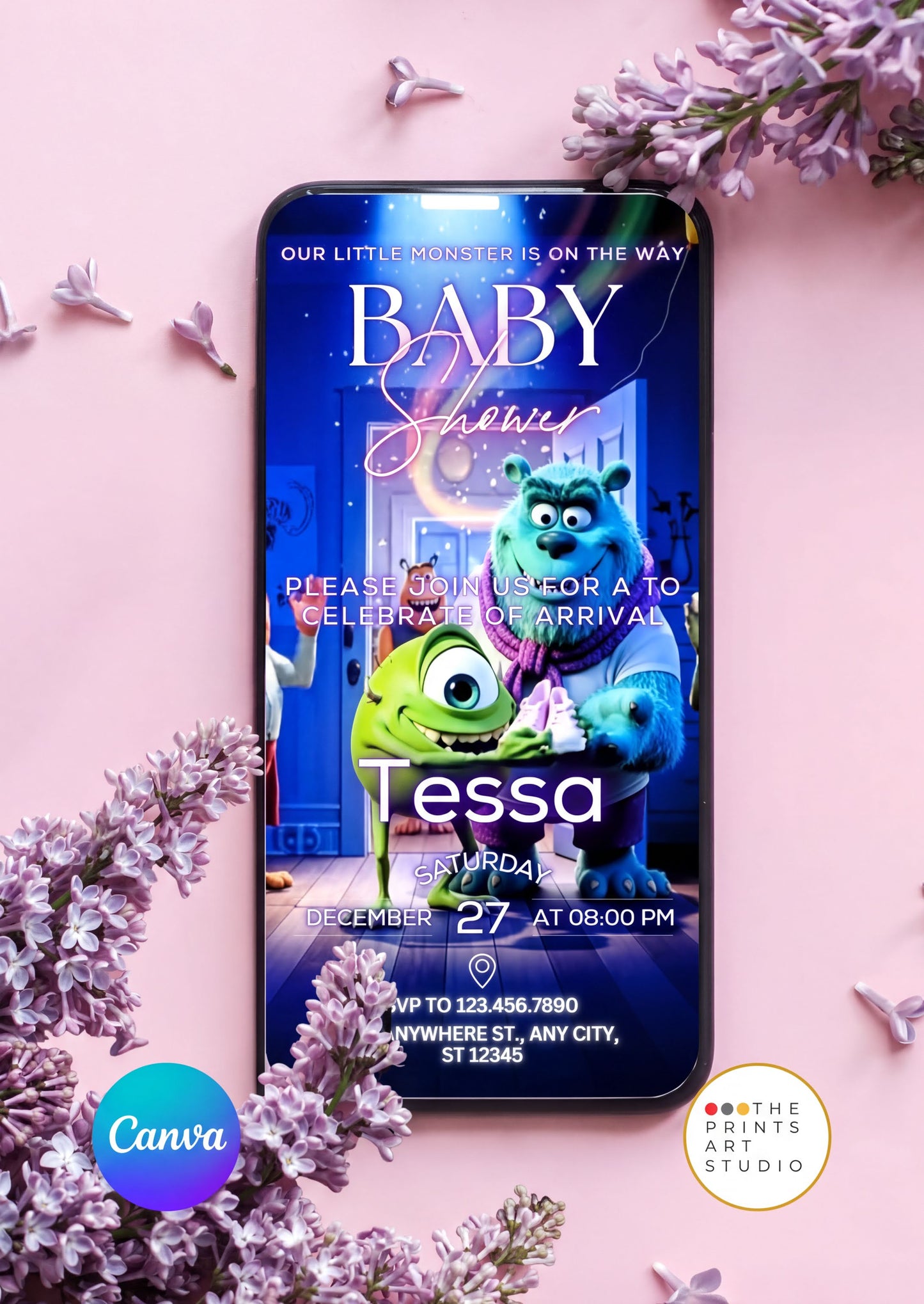 Monster Baby Shower Video Invitation with cute monster design on smartphone display.