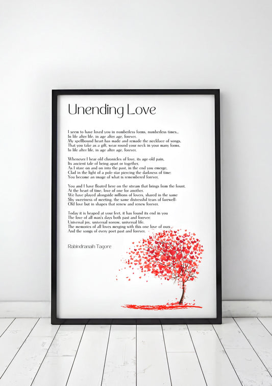 Unending Love Poem Art framed wall decor featuring Rabindranath Tagore's romantic poem.