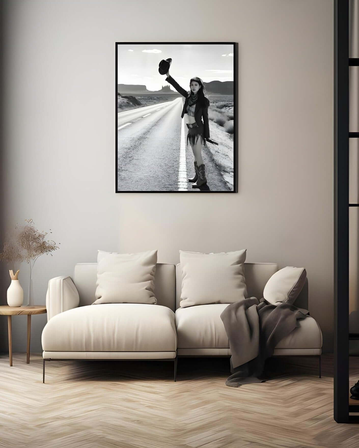 Cowgirl Wall Art – Black & White Western Photography Print | Rustic Boho Decor in modern living room