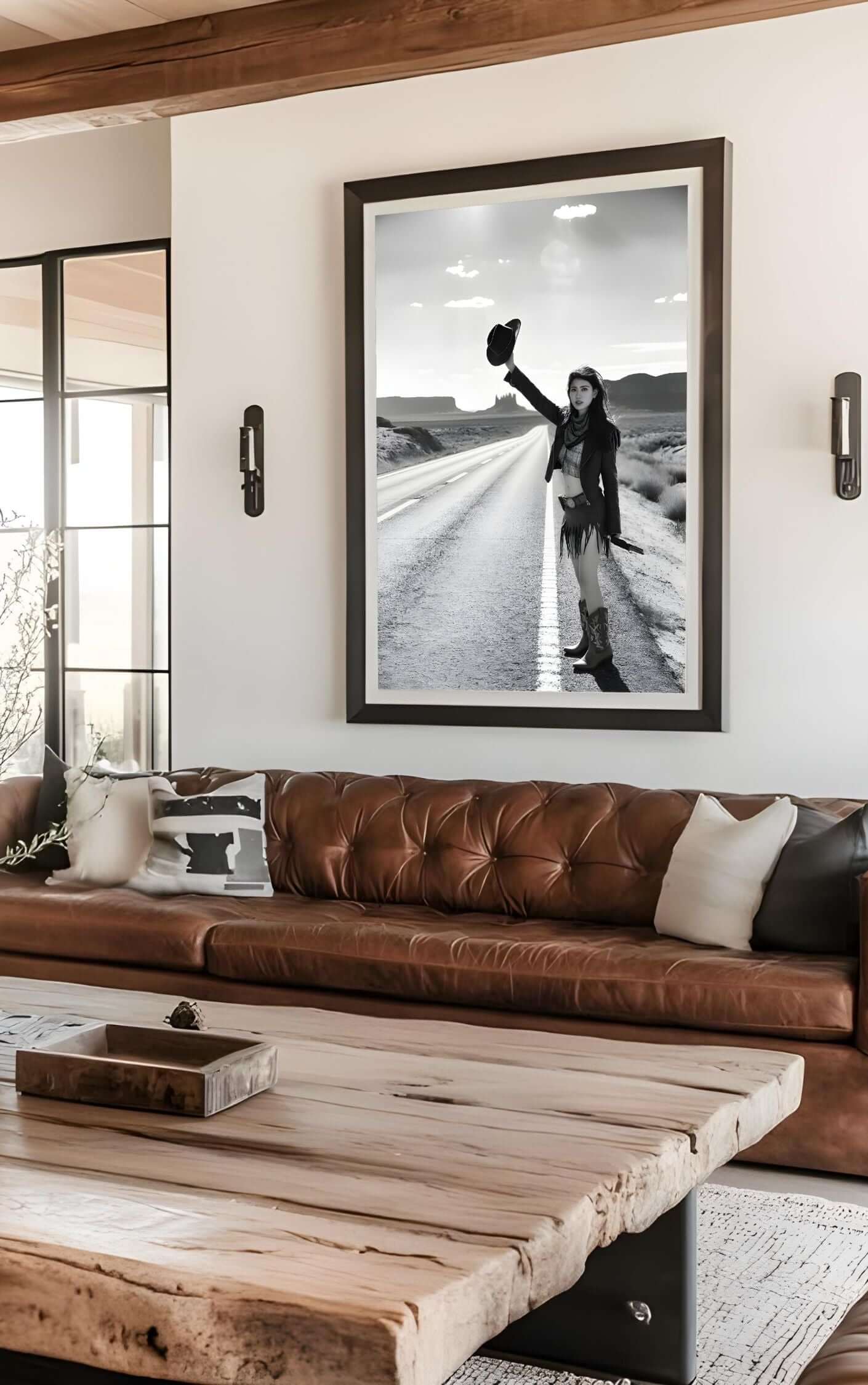 Cowgirl Wall Art – Black & White Western Photography Print | Rustic Boho Decor displayed in a modern rustic interior living room.