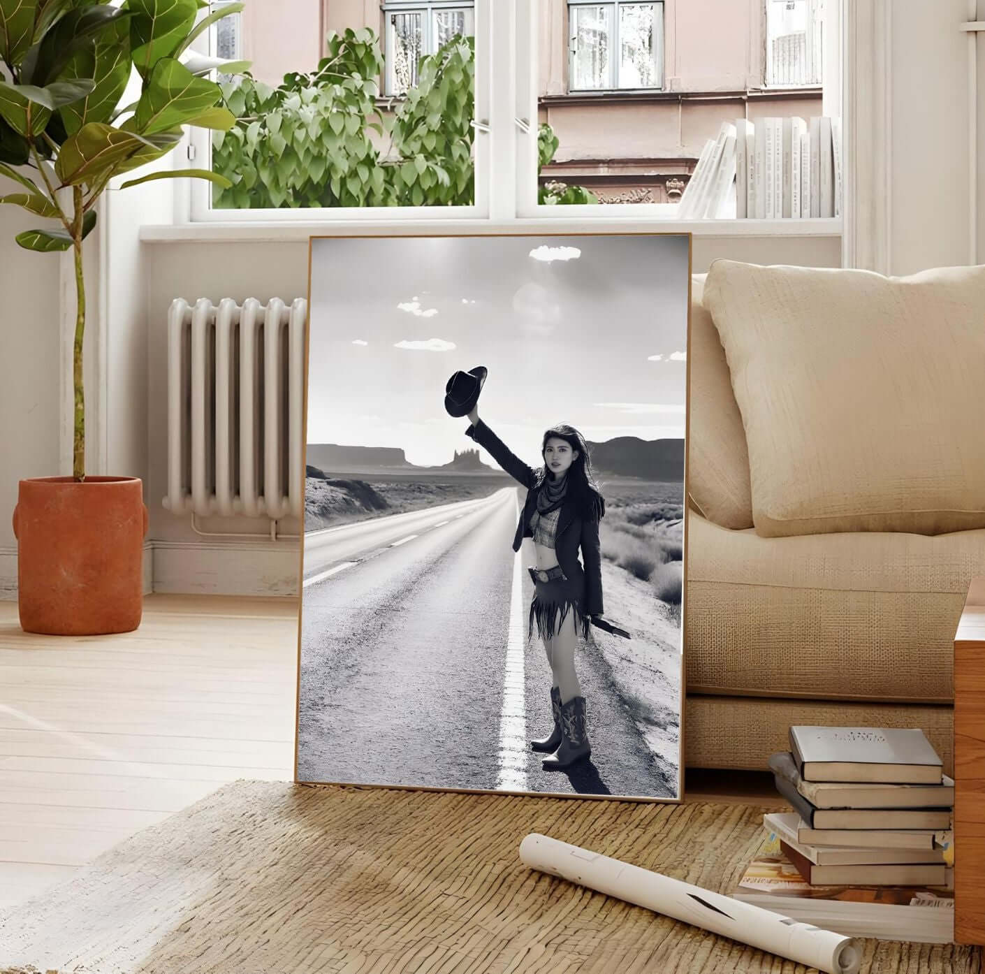Cowgirl Wall Art – Black & White Western Photography Print | Rustic Boho Decor in modern living room setting.