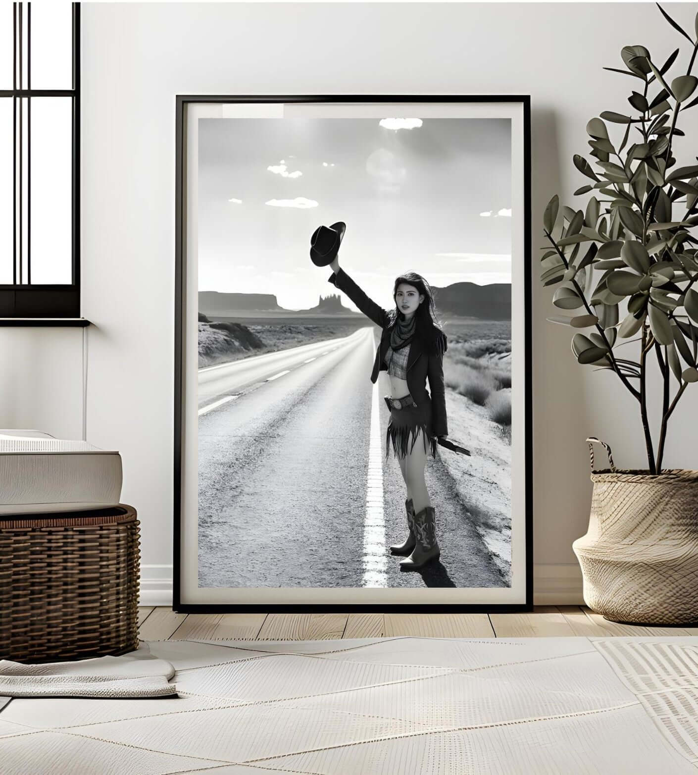 Cowgirl Wall Art – Black & White Western Photography Print | Rustic Boho Decor, featuring a cowgirl on an open road.