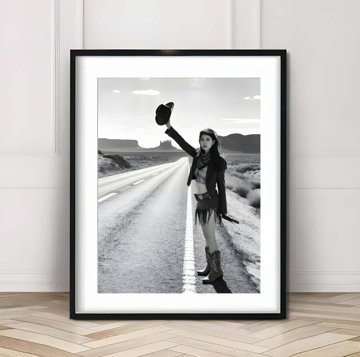 Cowgirl Wall Art – Black & White Western Photography Print | Rustic Boho Decor featuring a fearless cowgirl on an open road.