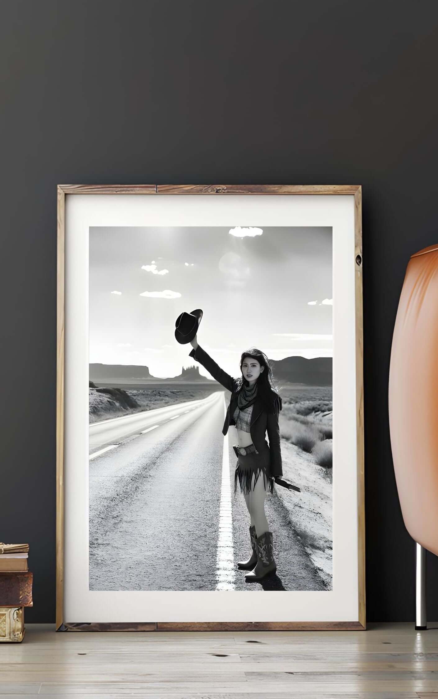 Cowgirl Wall Art – Black & White Western Photography Print displayed in rustic living room setting