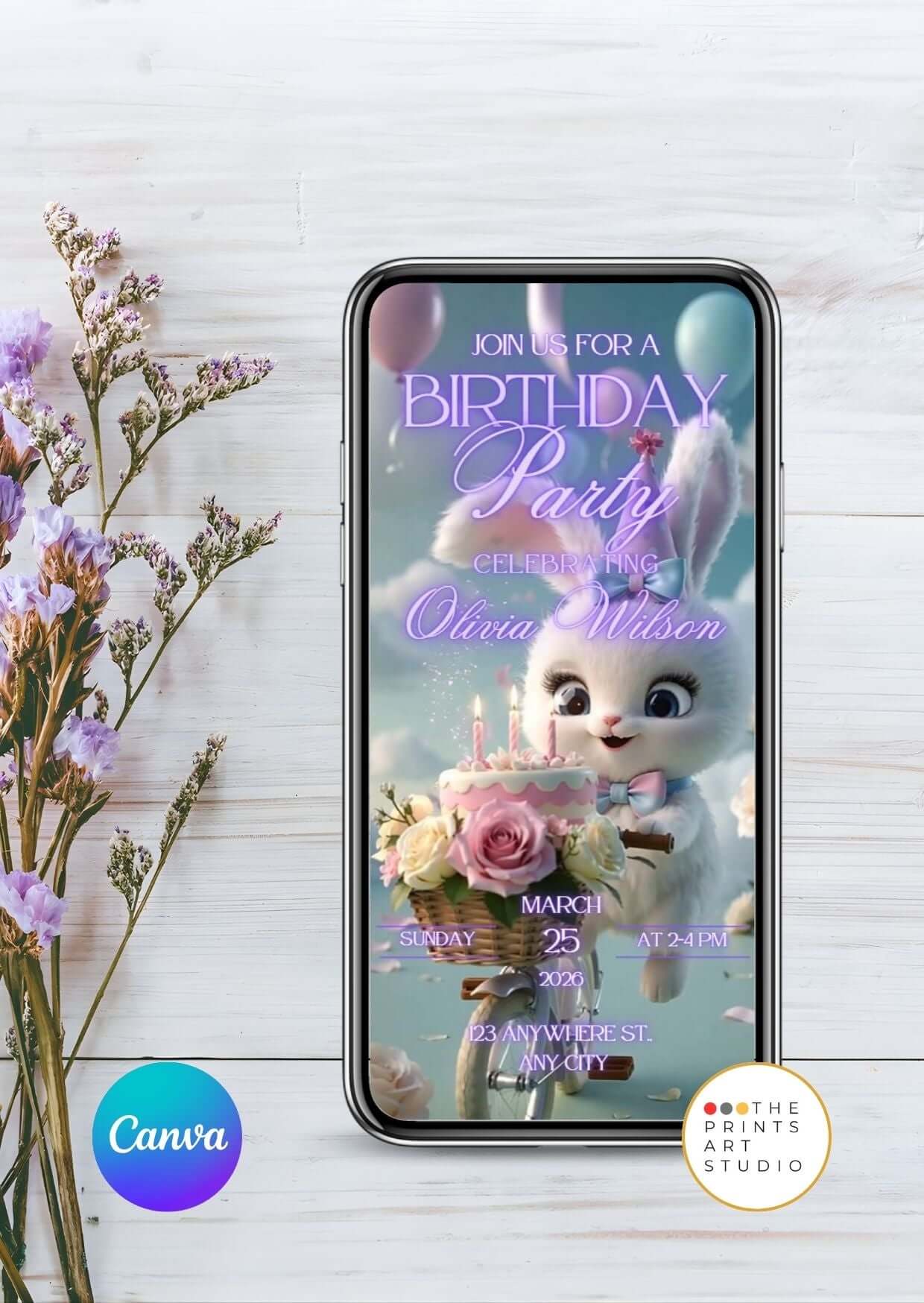 Cute Bunny Birthday Video Invitation displayed on phone with floral background, customizable in Canva.