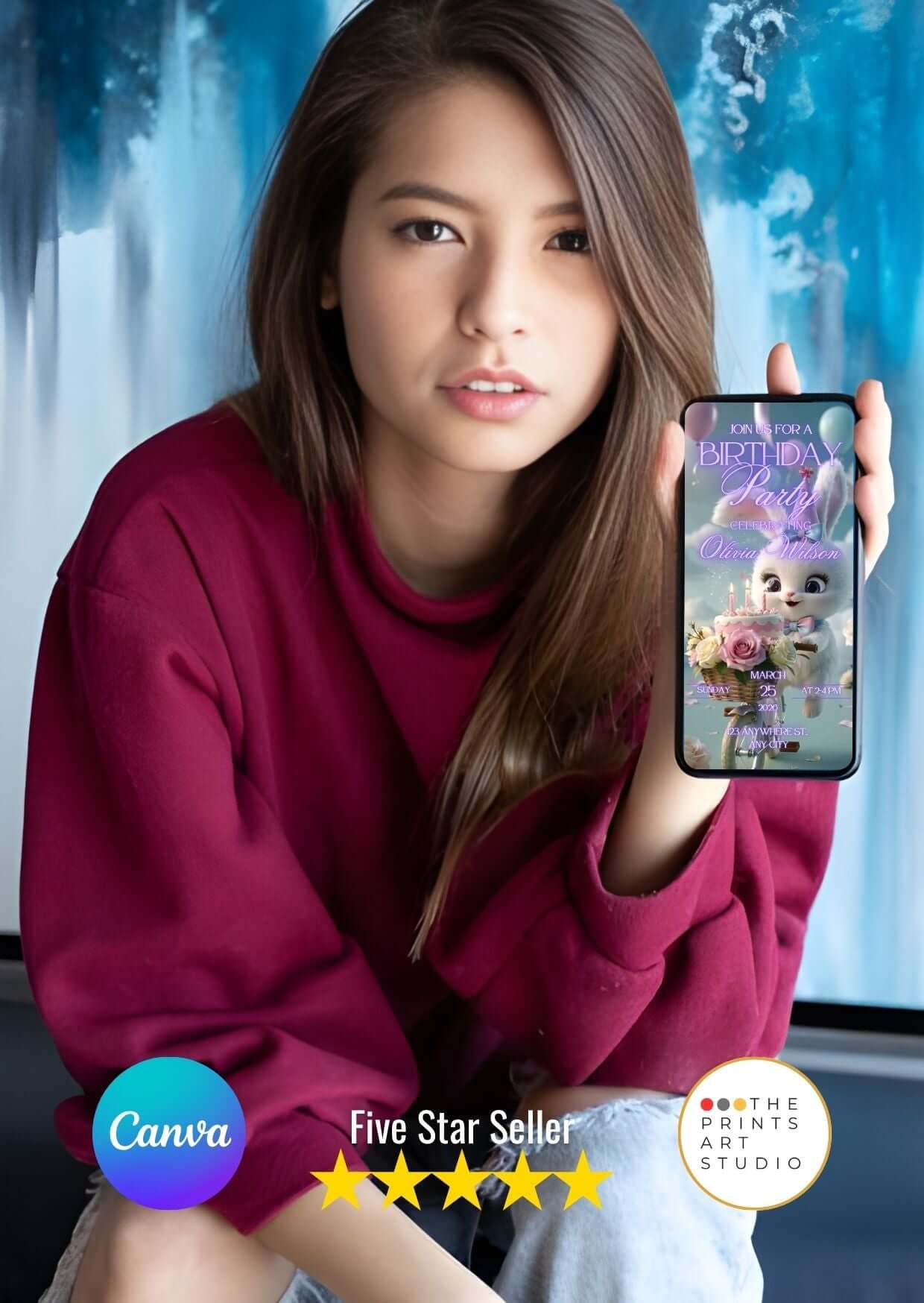 Woman holding smartphone displaying Cute Bunny Birthday Video Invitation.