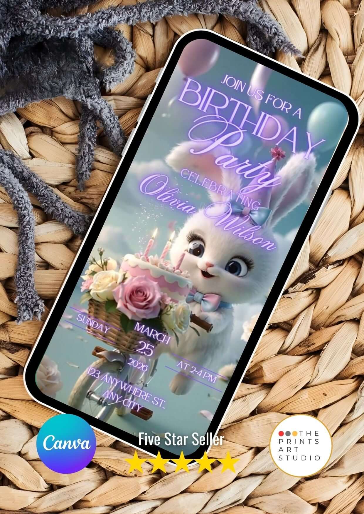 Cute Bunny Birthday Video Invitation on a phone screen, editable in Canva, perfect for customizing your child’s party invite.