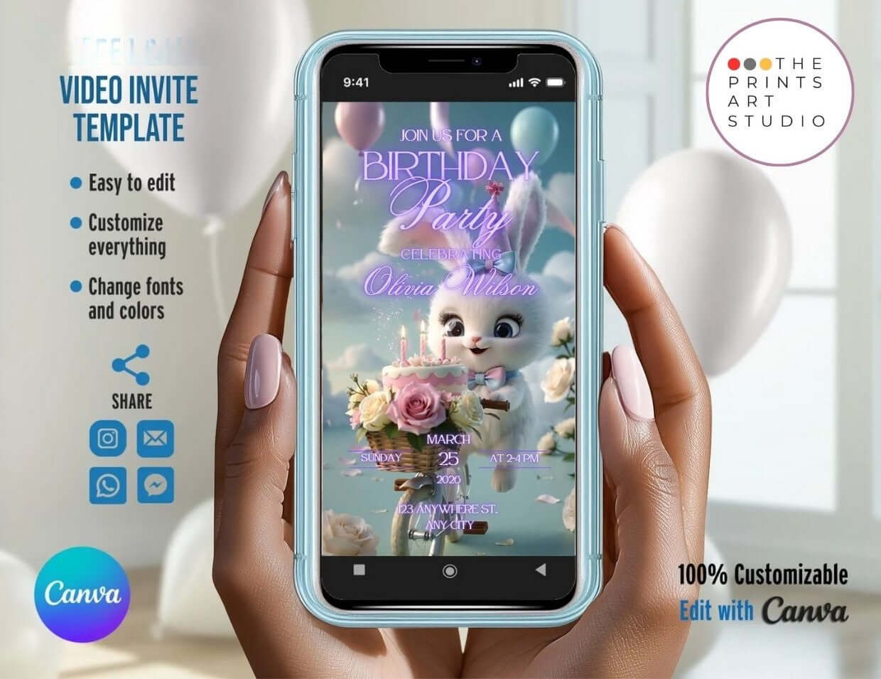Cute Bunny Birthday Video Invitation displayed on a smartphone, customizable template with balloons and flowers, editable in Canva.