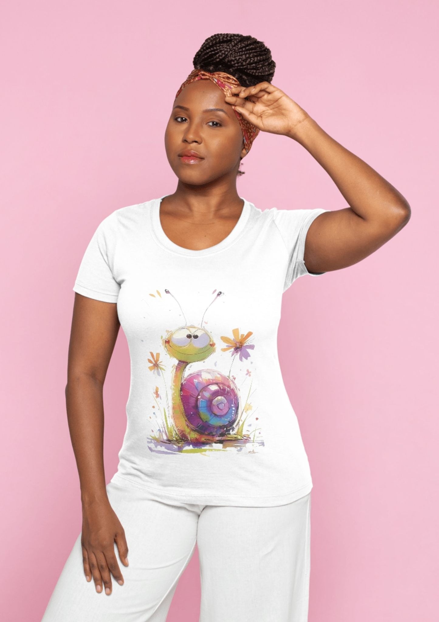 Cute Snail T-Shirt Design – Whimsical Colorful Snail Graphic modeled by woman, perfect for animal lovers and nature-inspired fashion.