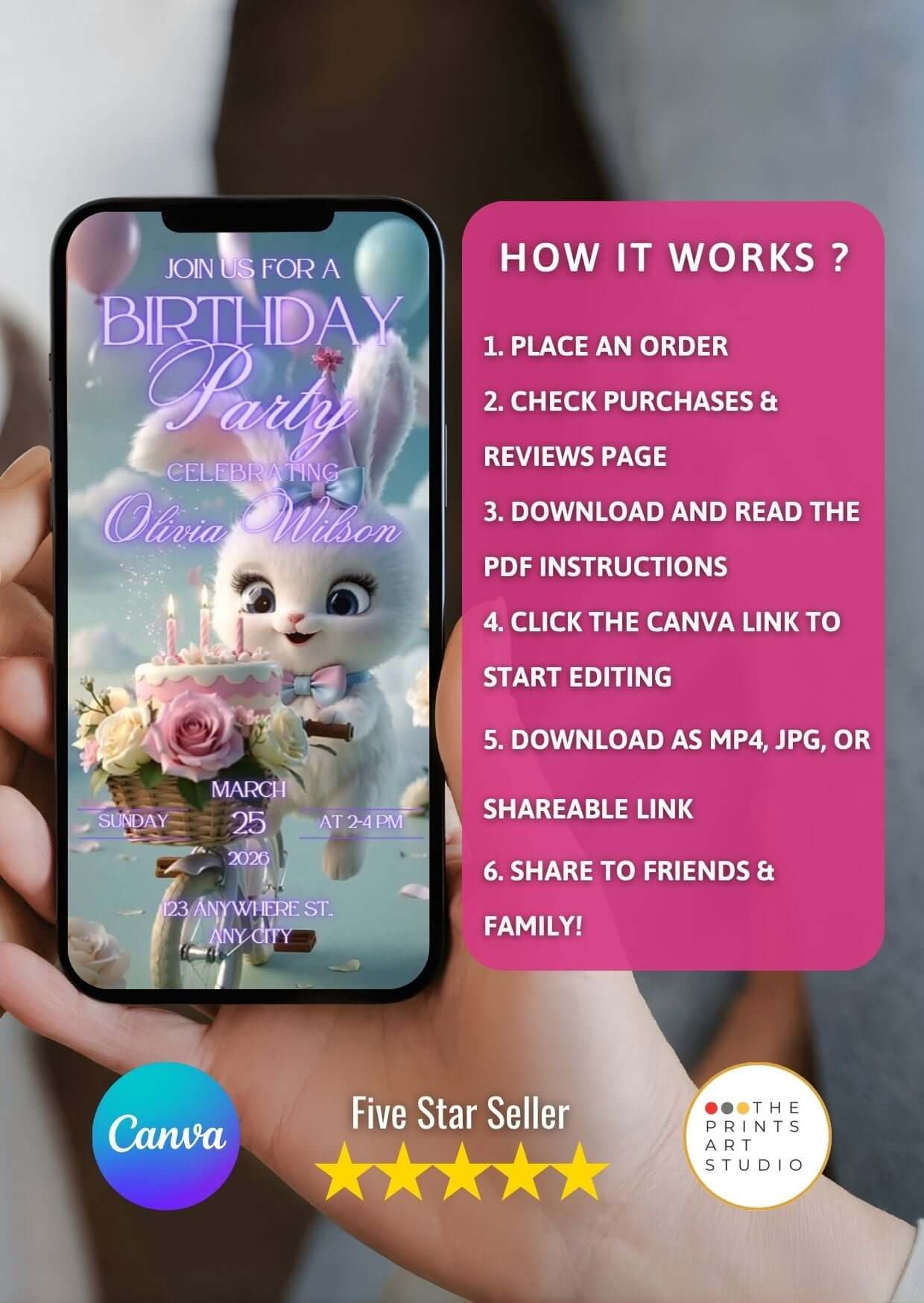 Hand holding a smartphone displaying a Cute Bunny Birthday Video Invitation design with Canva logo and editing instructions.