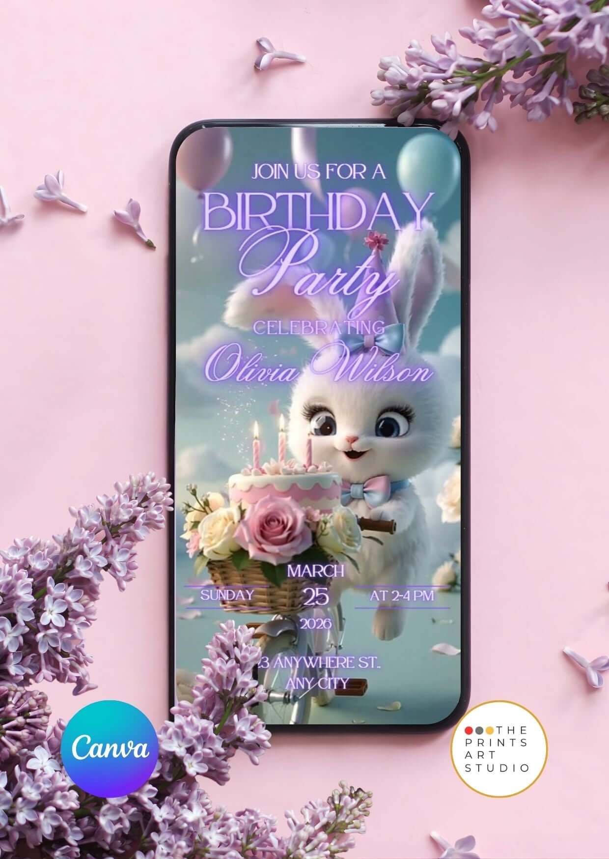 Cute Bunny Birthday Video Invitation template with lilies, editable in Canva, perfect for digital parties with customizable options.