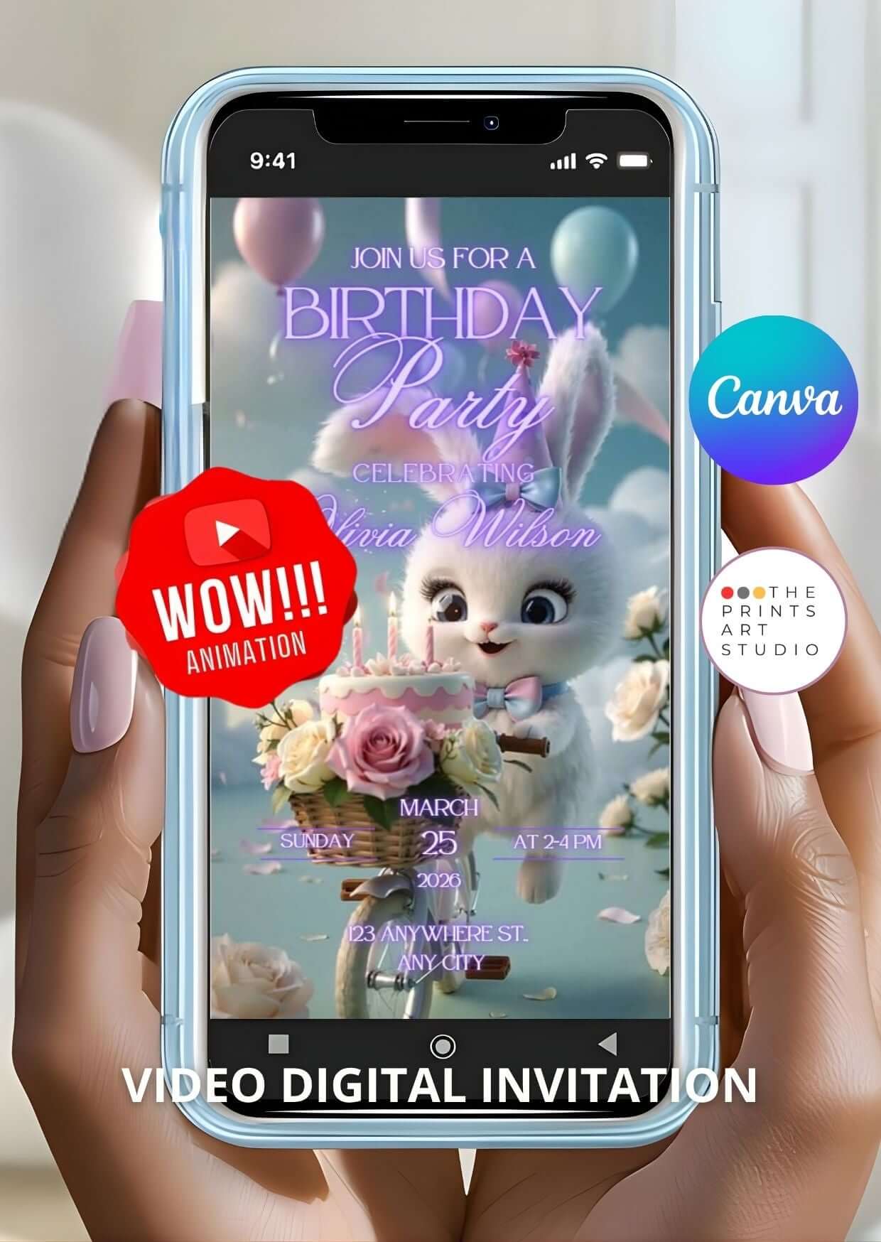 Cute Bunny Birthday Video Invitation | Editable Canva Template | Animated Party Invite with Music | Digital Download MP4 displayed on phone