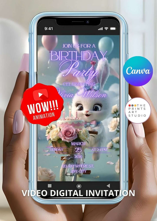 Cute Bunny Birthday Video Invitation | Editable Canva Template | Animated Party Invite with Music | Digital Download MP4 displayed on phone