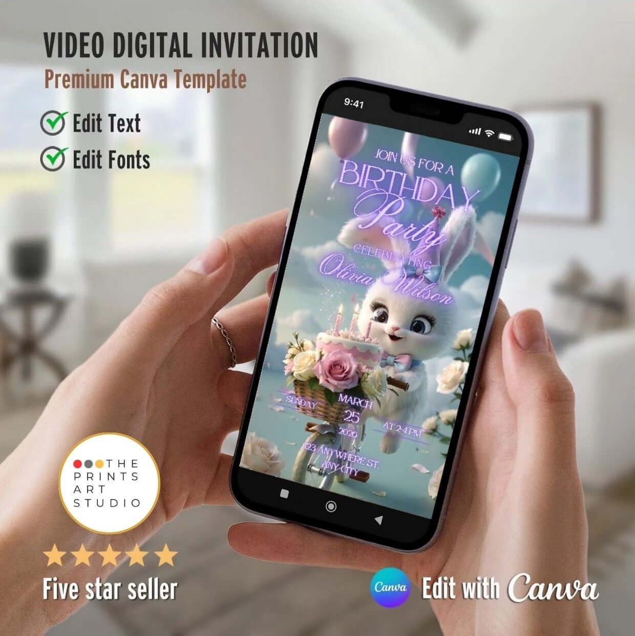 Cute Bunny Birthday Video Invitation on smartphone screen, customizable in Canva, perfect digital party invite with music.