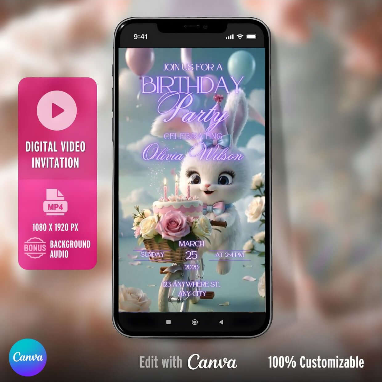 Cute Bunny Birthday Video Invitation displayed on a smartphone, showcasing customizable digital party invite with pink and floral design.