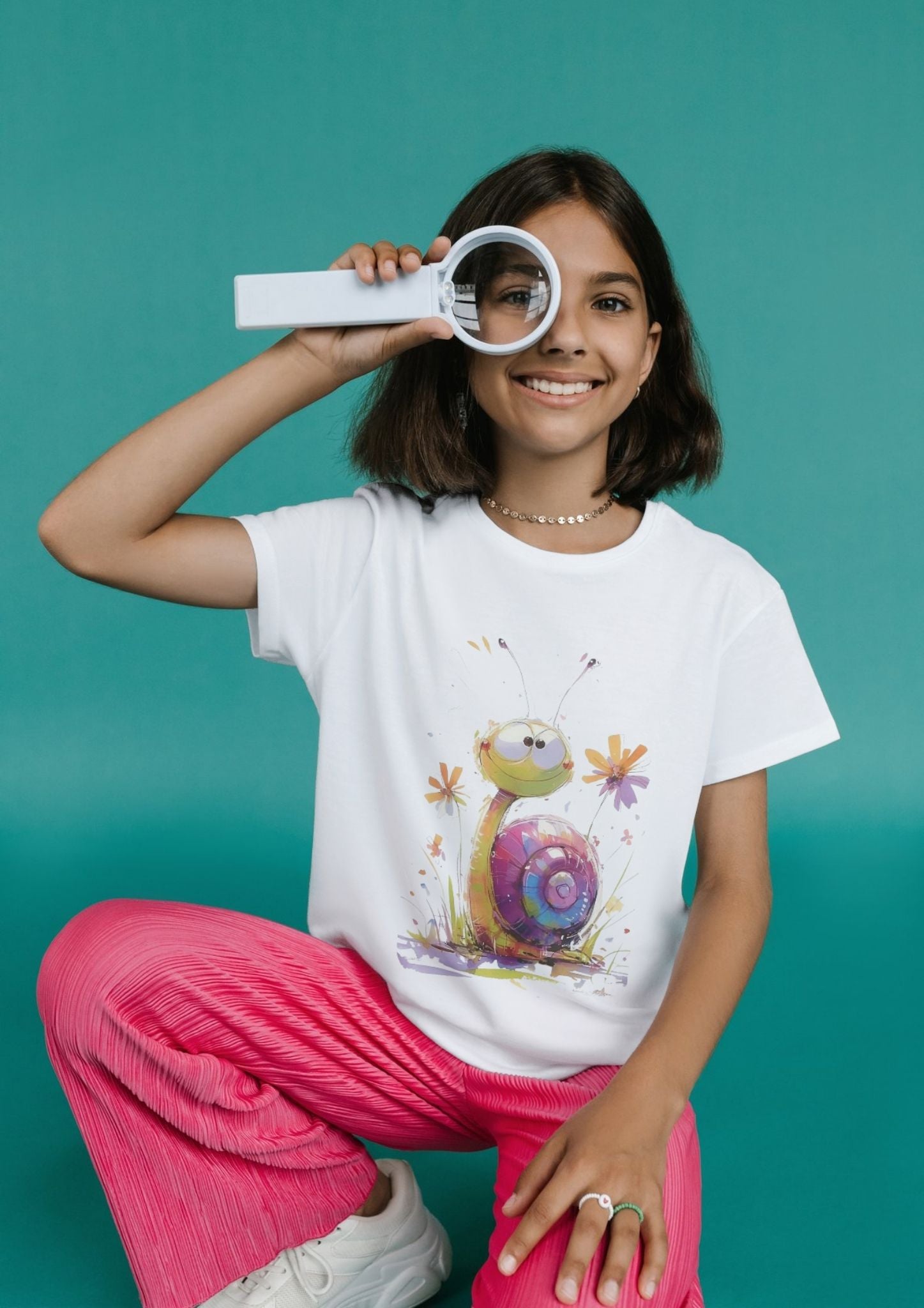 Girl wearing Cute Snail T-Shirt Design with whimsical colorful snail graphic, watercolor-style, for animal lover shirt art.