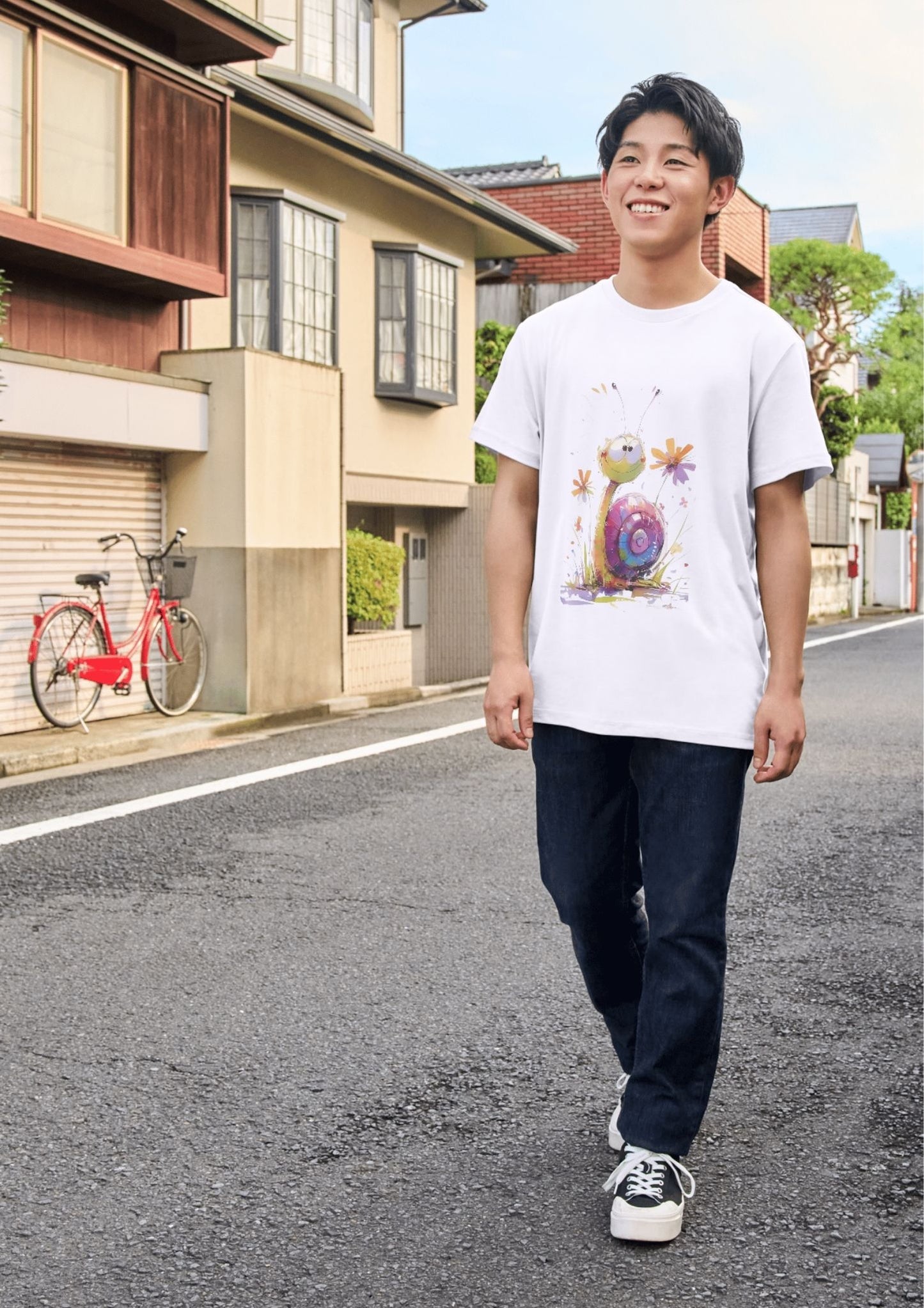 Man wearing Cute Snail T-Shirt Design – Whimsical Colorful Snail Graphic, walking on street with bicycle in background