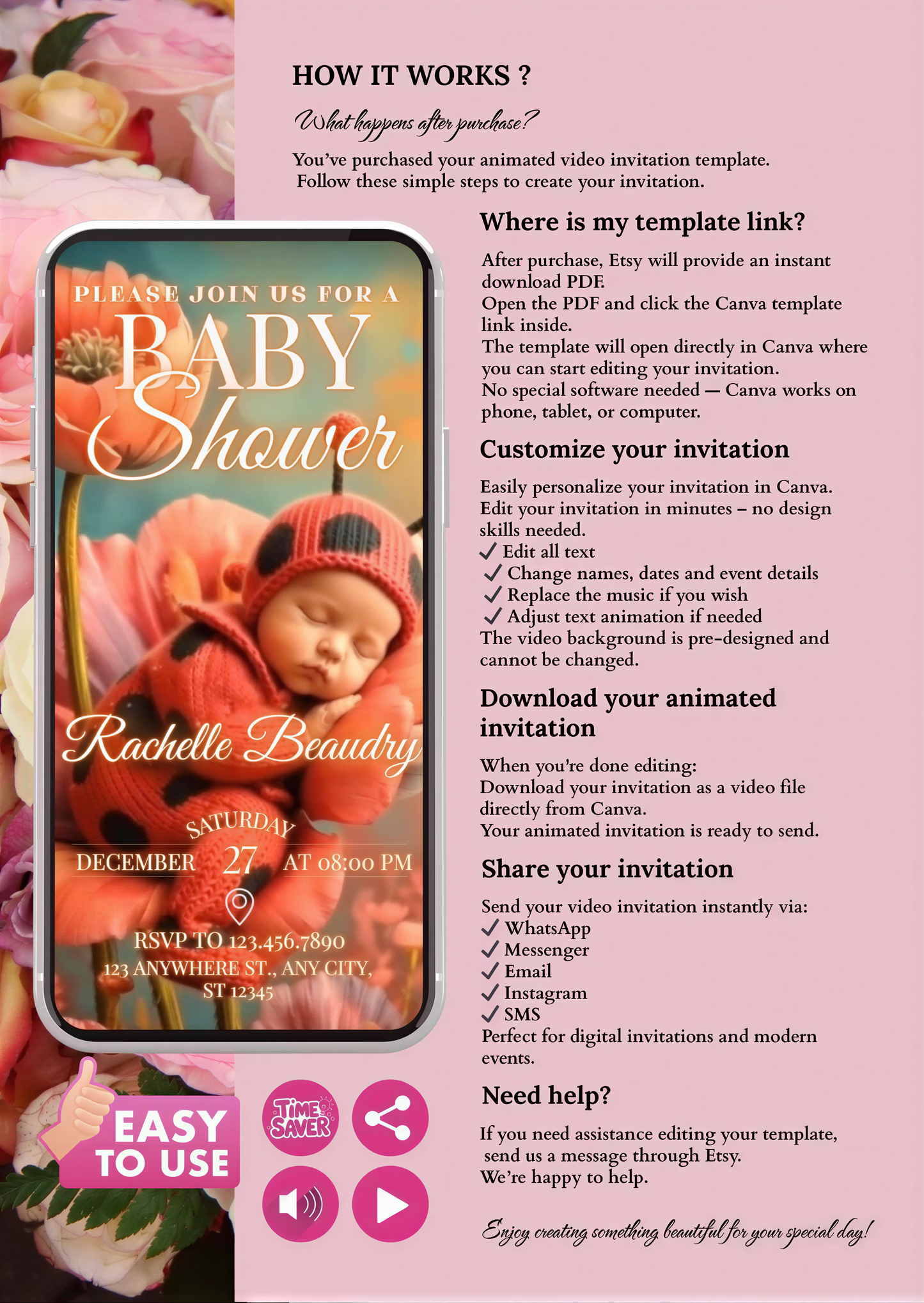 Ladybug Baby Shower Invitation - Editable MP4 Video Invite Template with customization instructions and design.