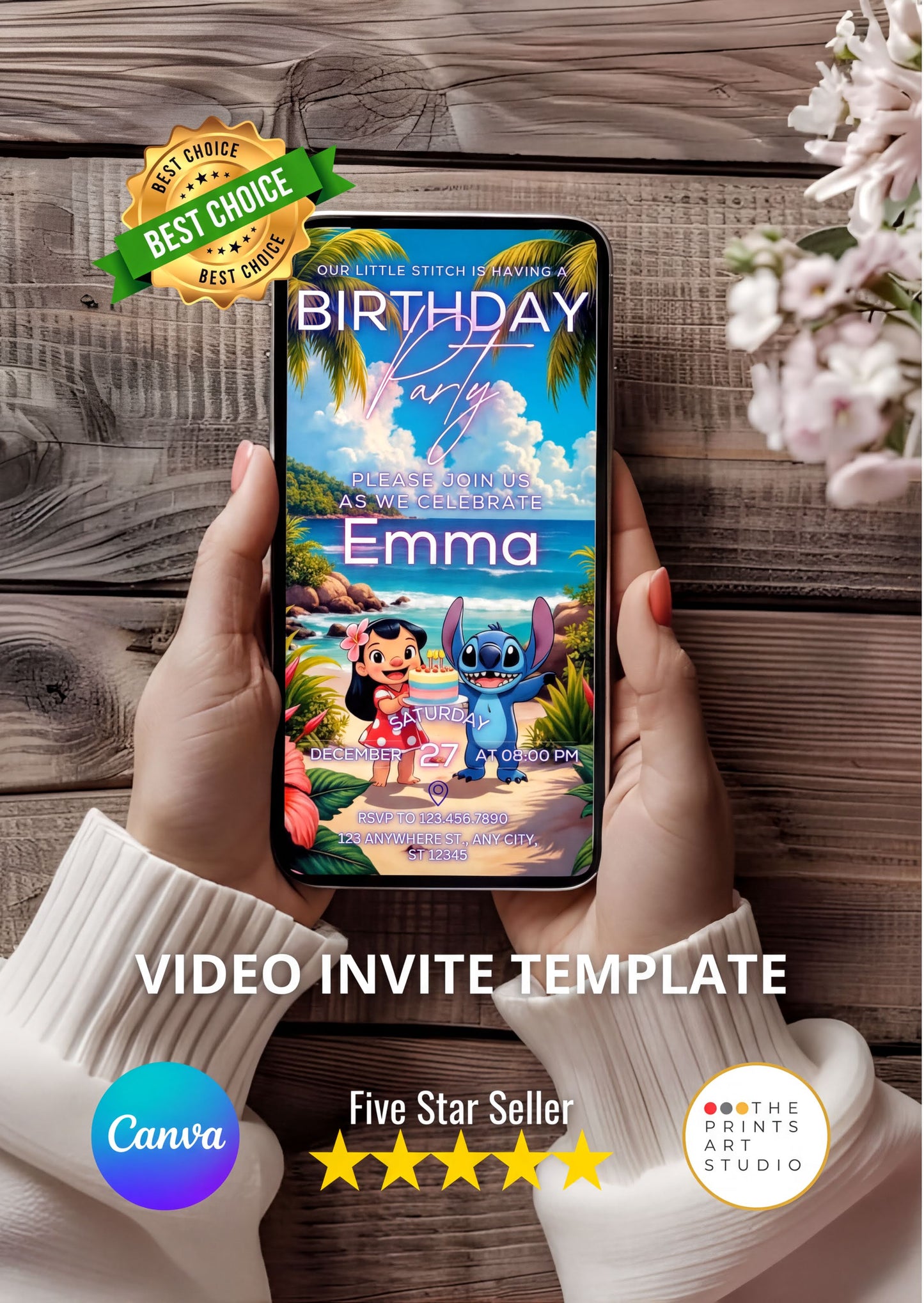 Lilo and Stitch birthday video invitation displayed on a smartphone screen held by hands, perfect for an unforgettable child's celebration.