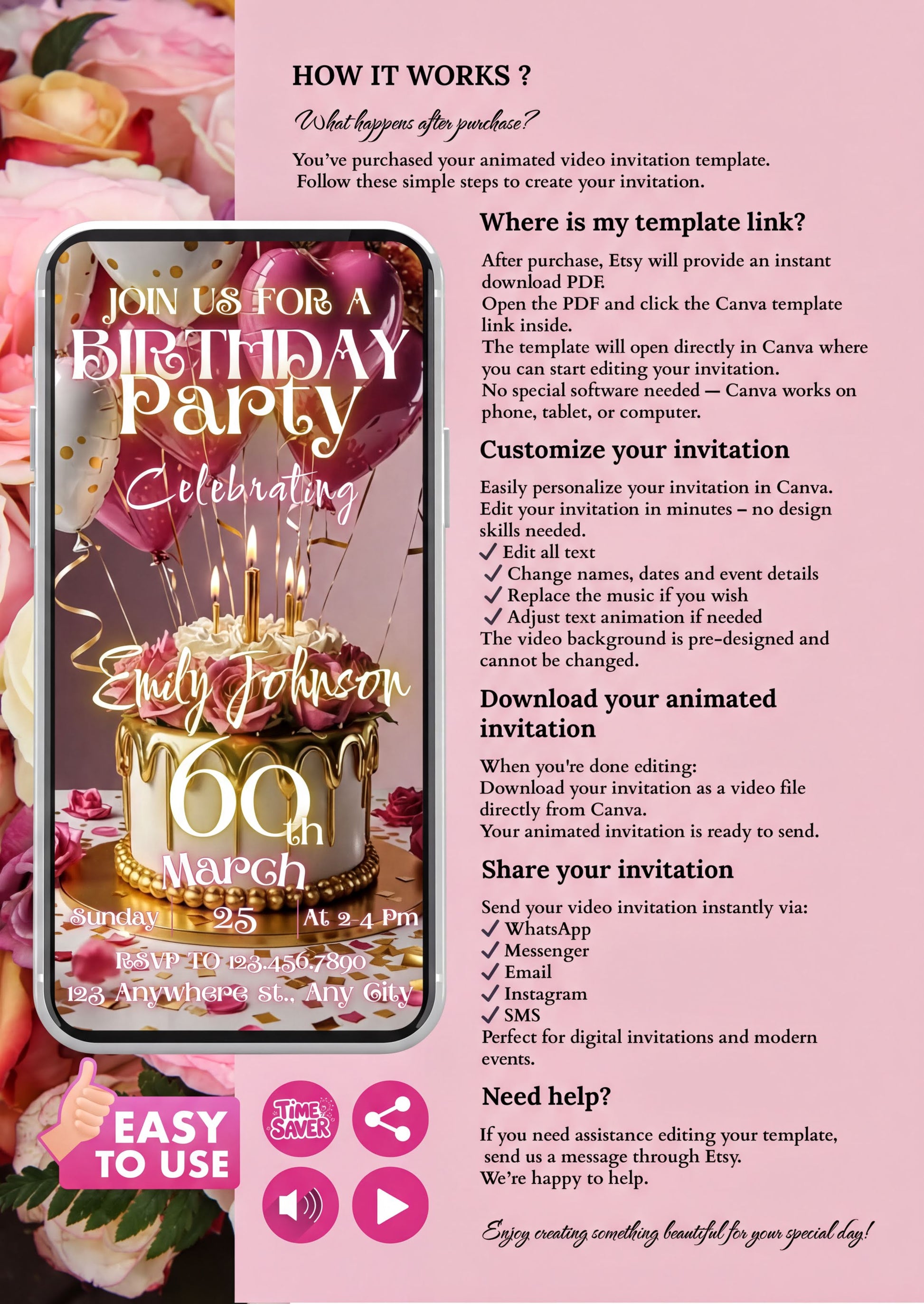 60th Birthday Video Invitation with elegant design and golden cake details for a birthday celebration.