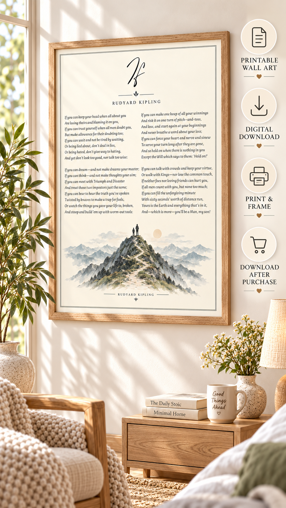 If Poem Printable Wall Art featuring Rudyard Kipling's poem with mountain illustration in a cozy living space.