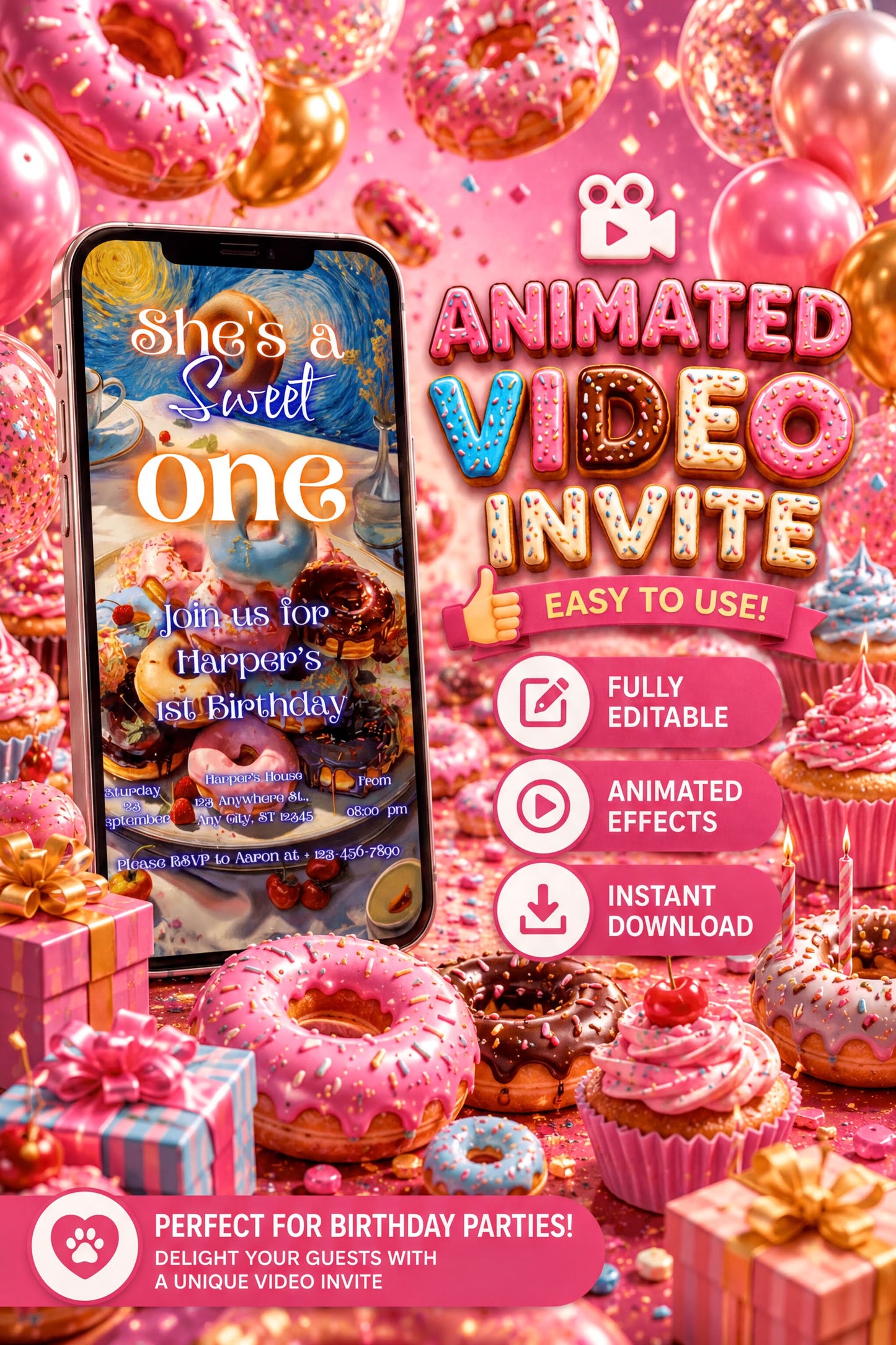Donut birthday video invitation featuring colorful balloons, donuts, and a phone displaying the invite for a birthday party.