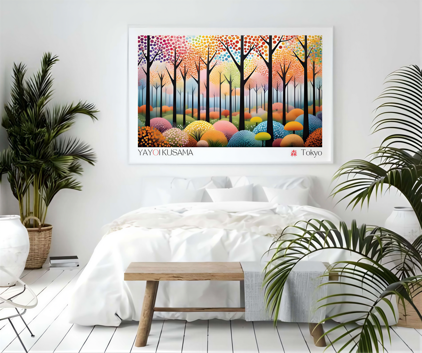 Yayoi Kusama Art vibrant abstract wall art in a modern bedroom decor with colorful patterns and shapes.