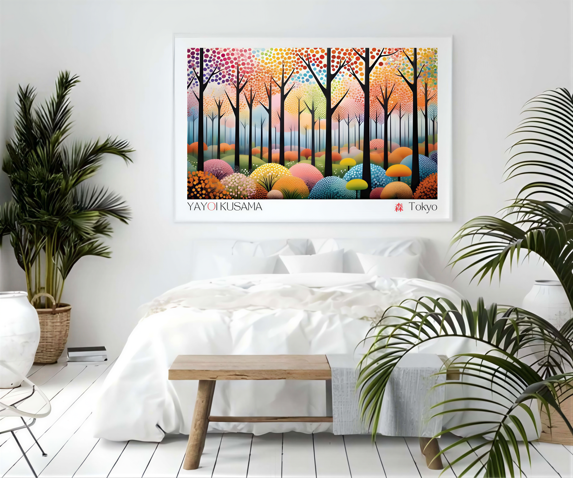 Yayoi Kusama Art vibrant abstract wall art in a modern bedroom decor with colorful patterns and shapes.