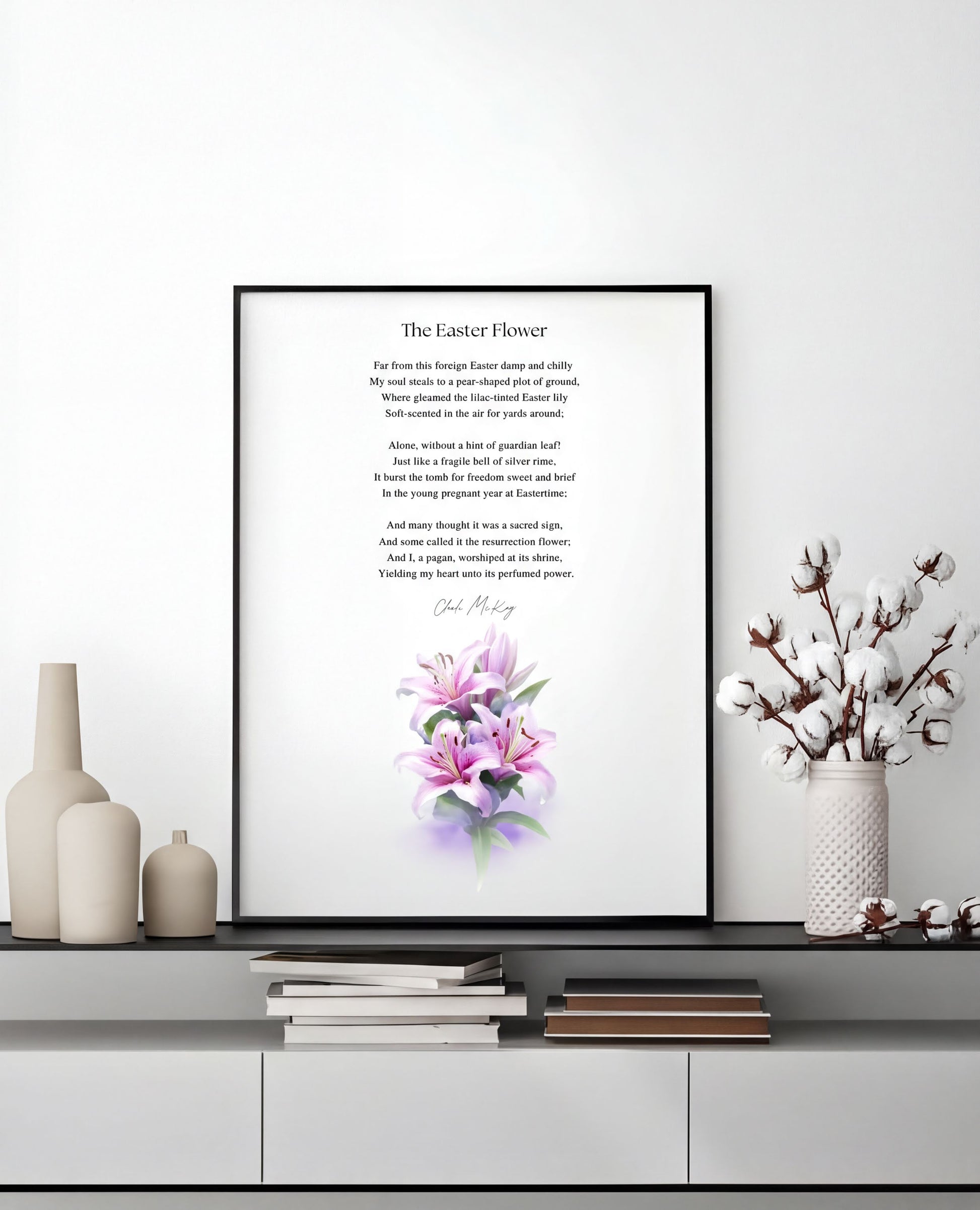 Easter Poetry Wall Art featuring The Easter Flower poem and elegant lily flower illustration.