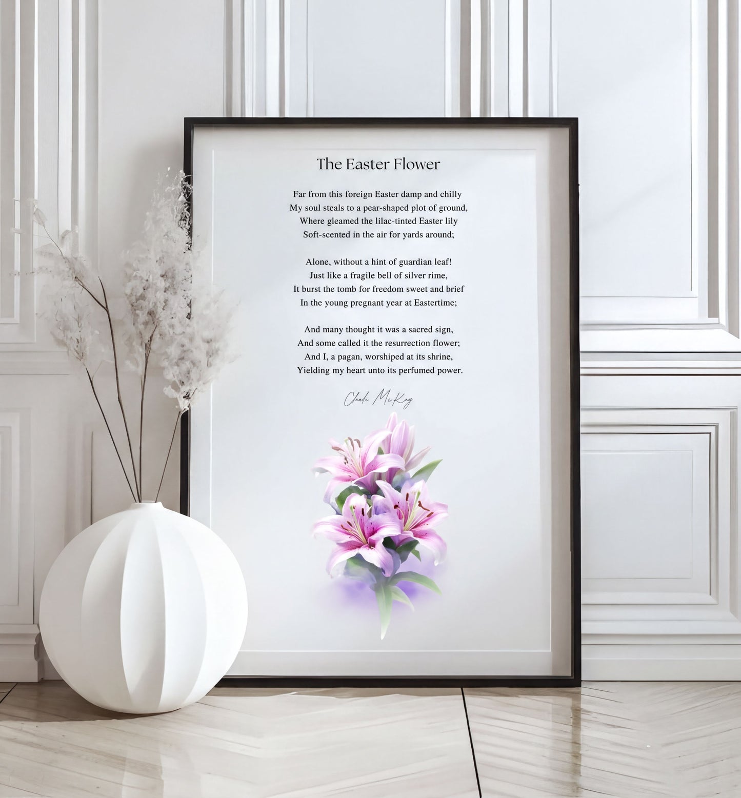 Easter Poetry Wall Art featuring The Easter Flower poem and elegant lily flower illustration in a stylish frame.