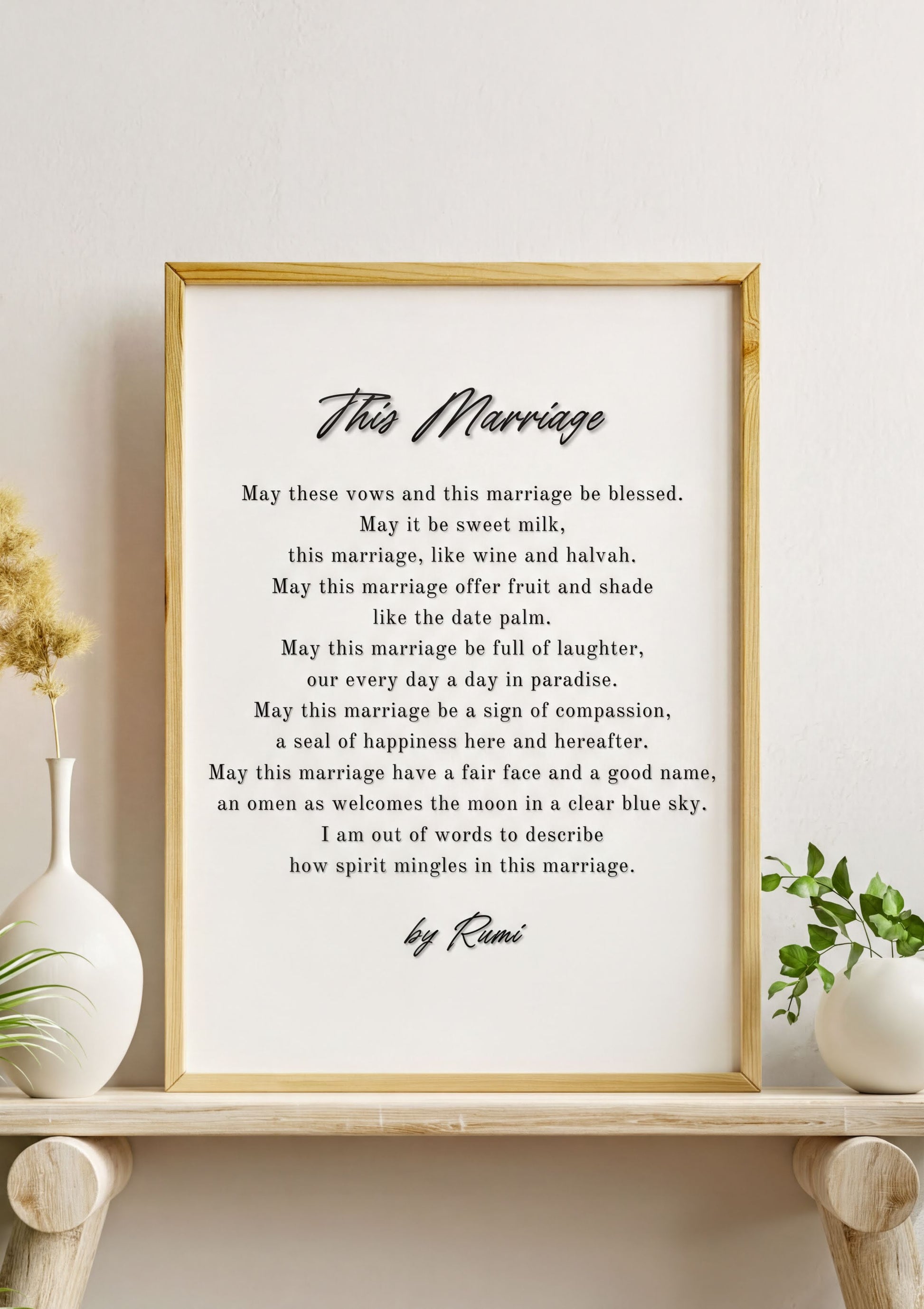 Rumi Wedding Poem Art featuring the poem 'This Marriage' in an elegant frame for romantic decor.