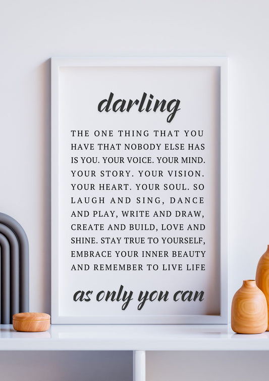 Darling – Inspirational Wall Art Print – Motivational Quote – Digital Download, minimalist typography print on shelf with decor.