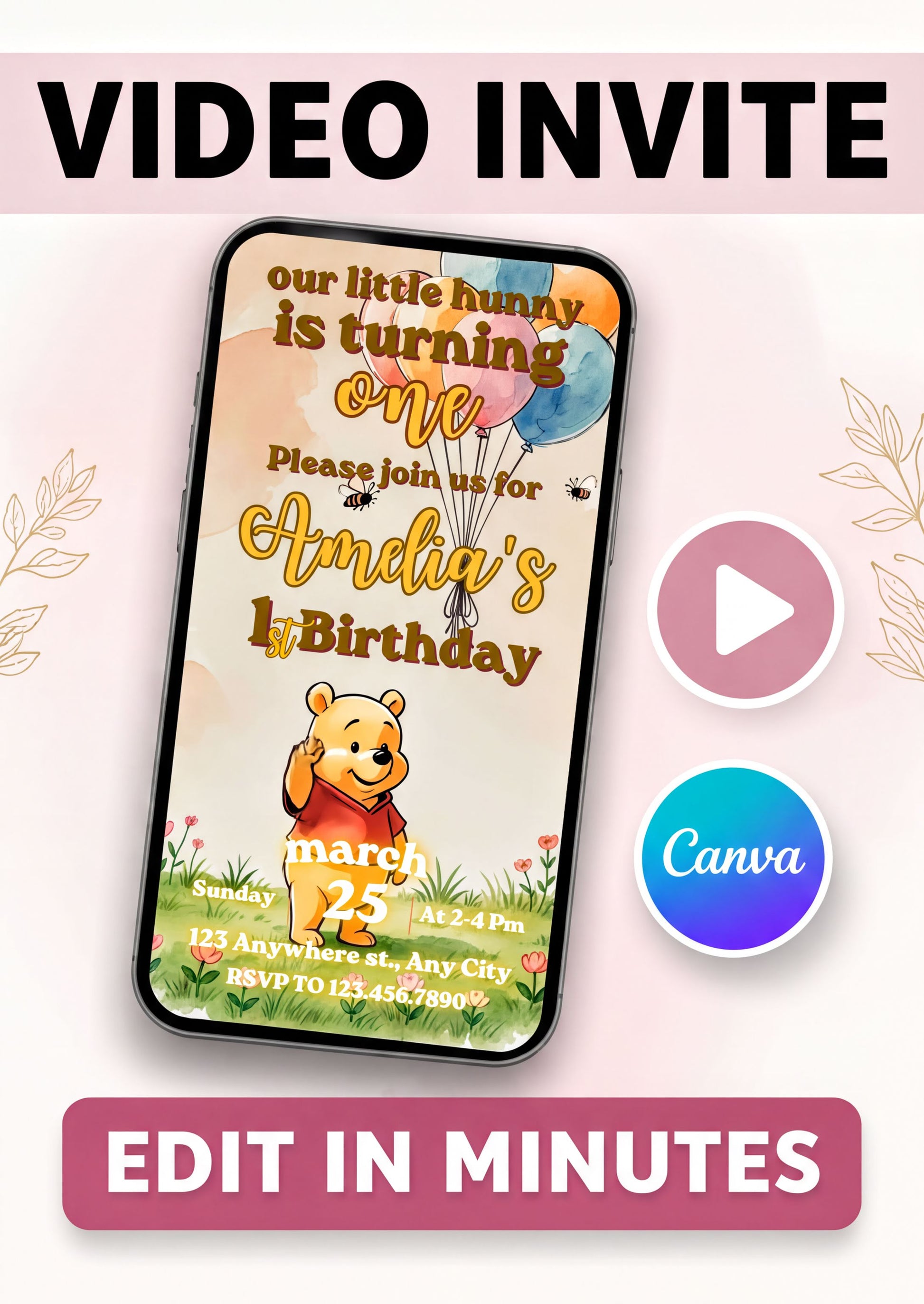 Winnie the Pooh birthday invitation video template featuring playful design for a first birthday celebration.