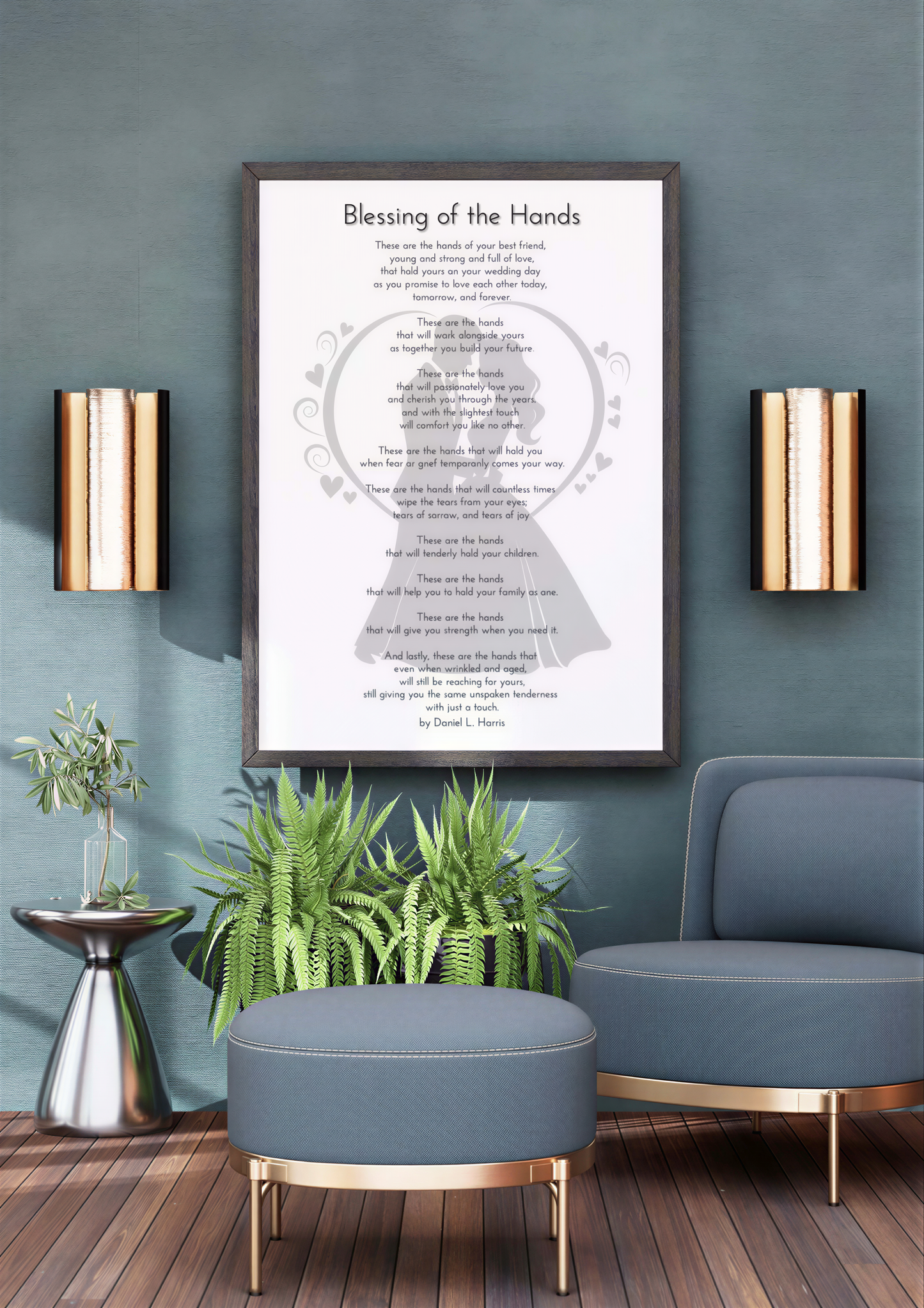 Wedding Blessing Poem displayed as elegant digital art in a modern living space with stylish decor.