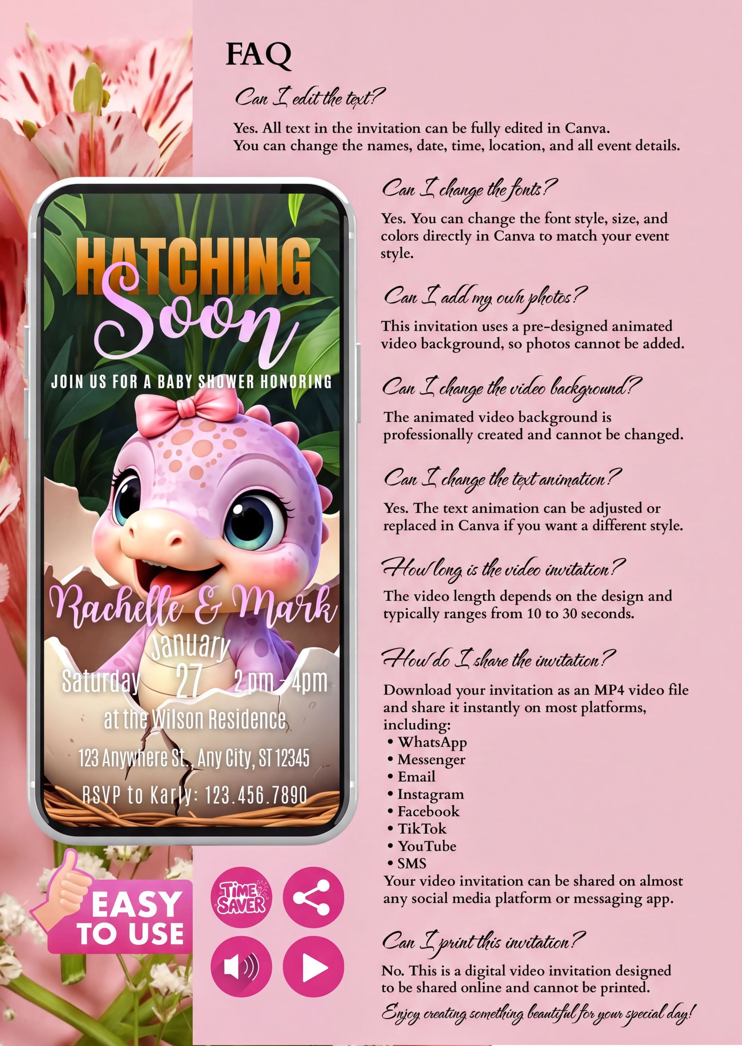Baby Girl Shower Video Invitation featuring a dinosaur design, FAQs, and event details for a baby shower celebration.