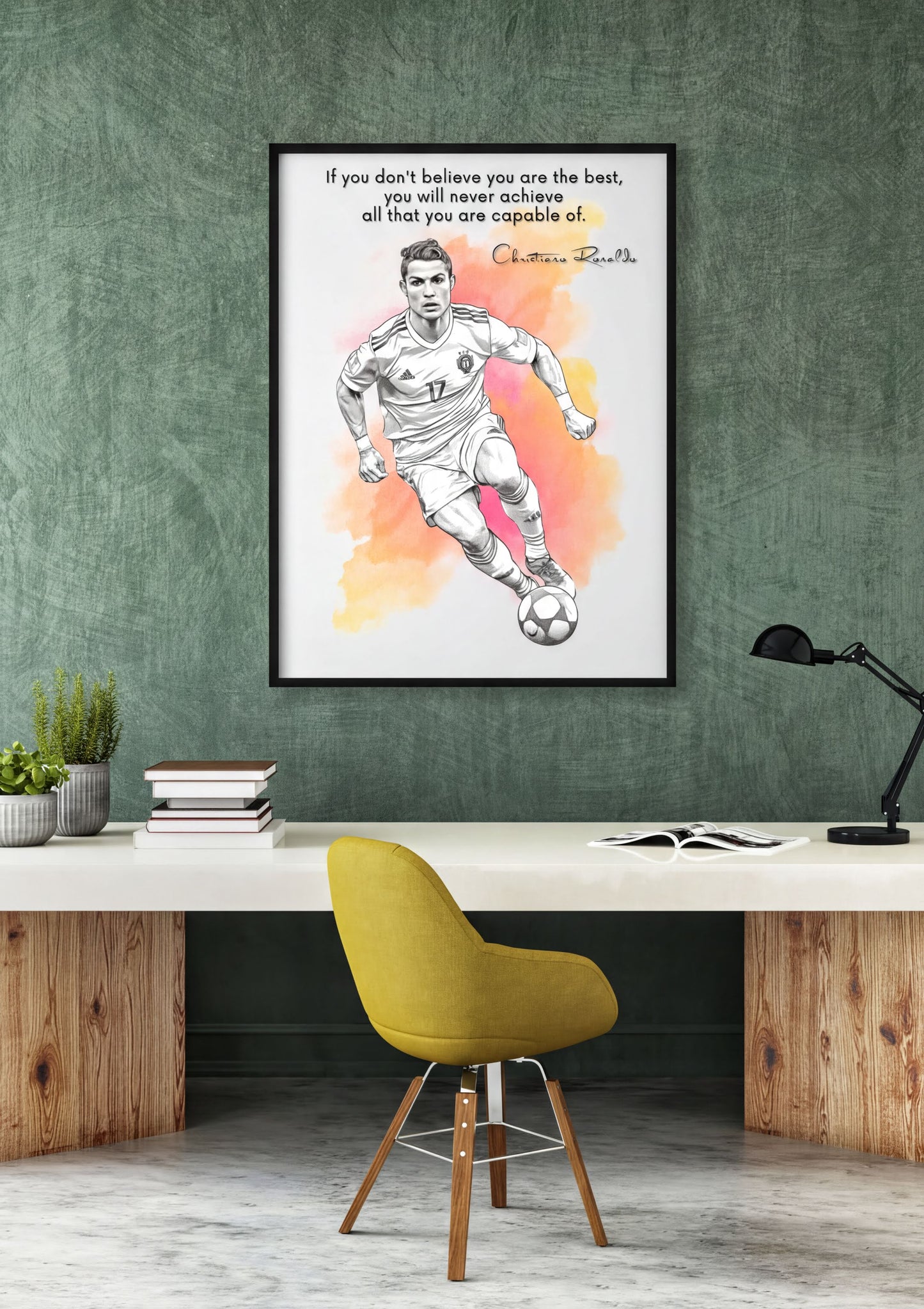 Cristiano Ronaldo Quote Print featuring motivational quote and artwork of Ronaldo in action, perfect for football fans.
