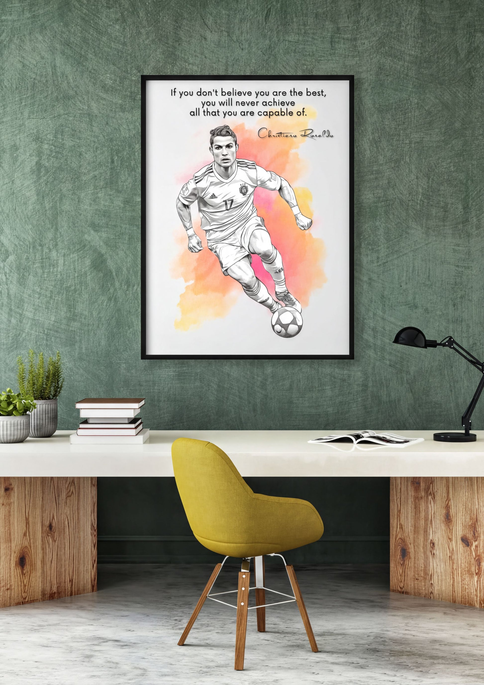 Cristiano Ronaldo Quote Print featuring motivational quote and artwork of Ronaldo in action, perfect for football fans.