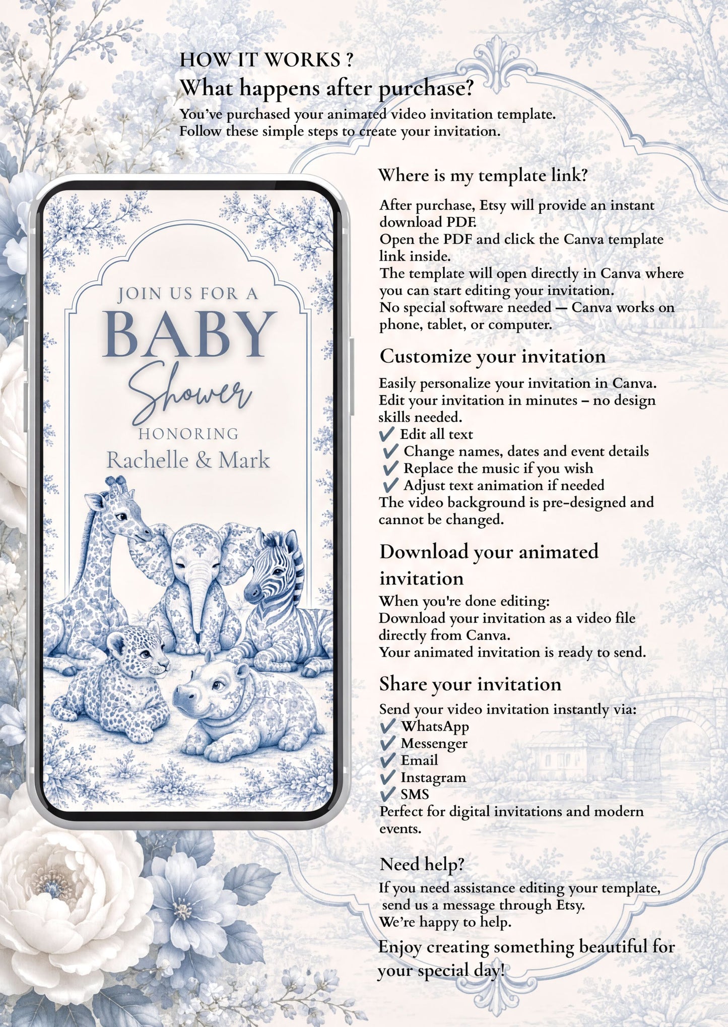 Baby Shower Invitation featuring animated blue toile safari design and customization options for a memorable event.