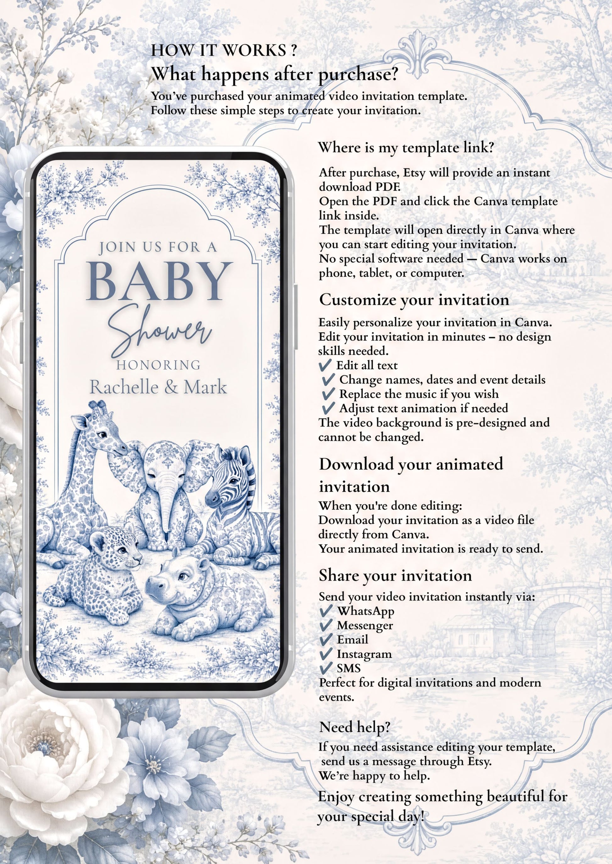 Baby Shower Invitation featuring animated blue toile safari design and customization options for a memorable event.